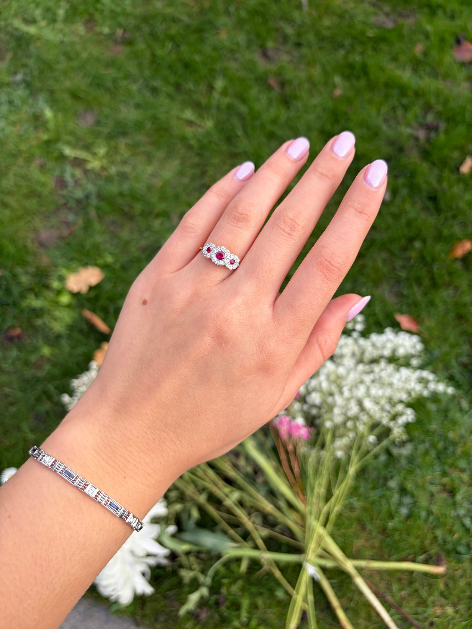 Vintage Ruby and Diamond 18 Carat Gold Triple Cluster Ring - 11