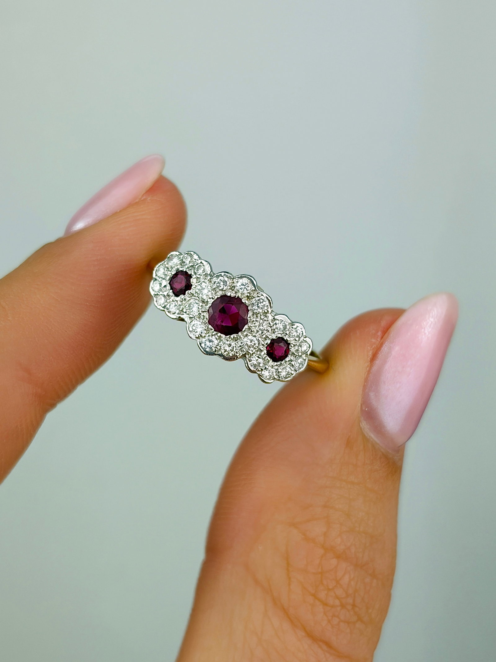 Vintage Ruby and Diamond 18 Carat Gold Triple Cluster Ring - 5