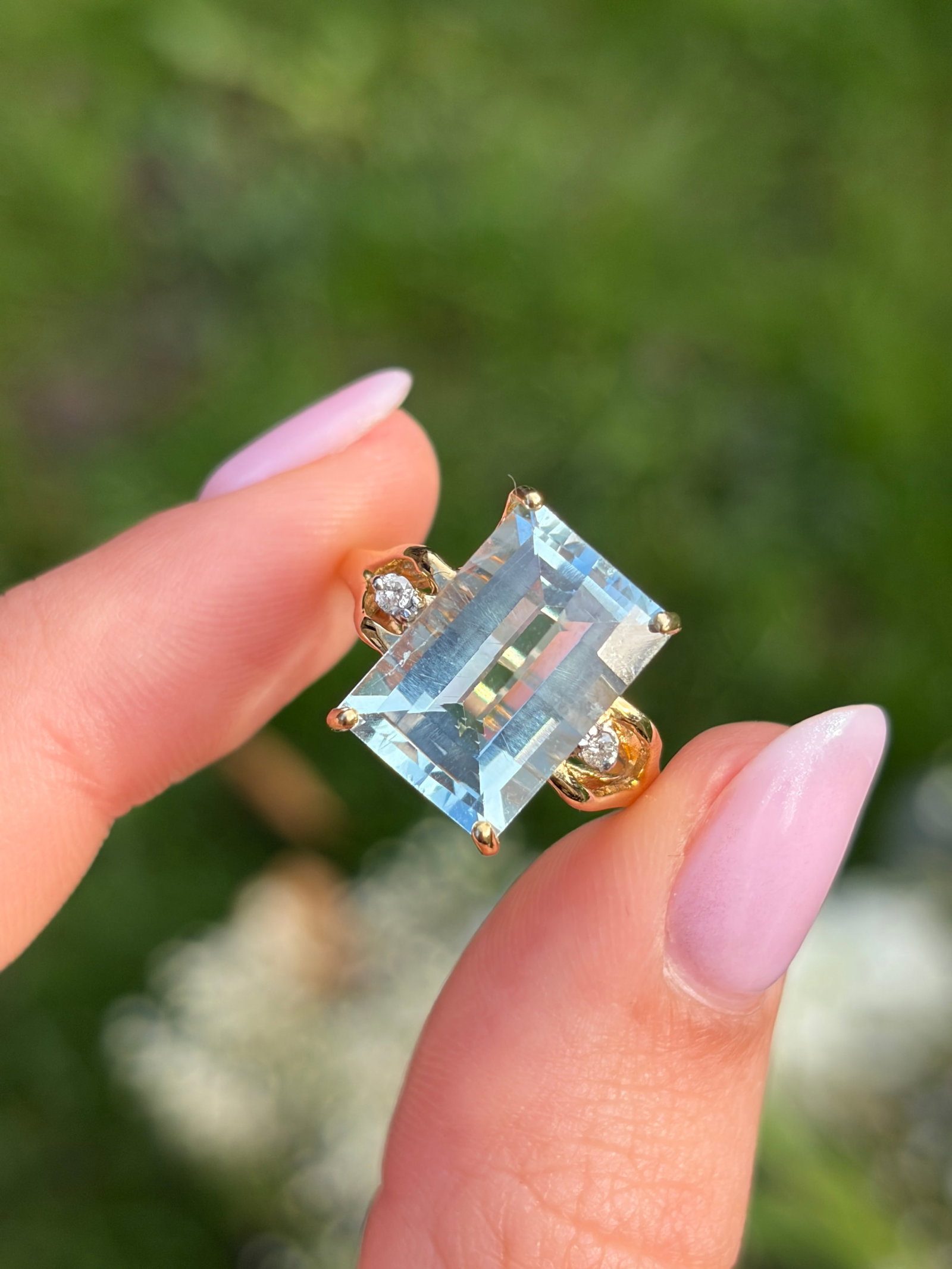 Aquamarine and Diamond 14 Carat Gold Three Stone Ring - 10