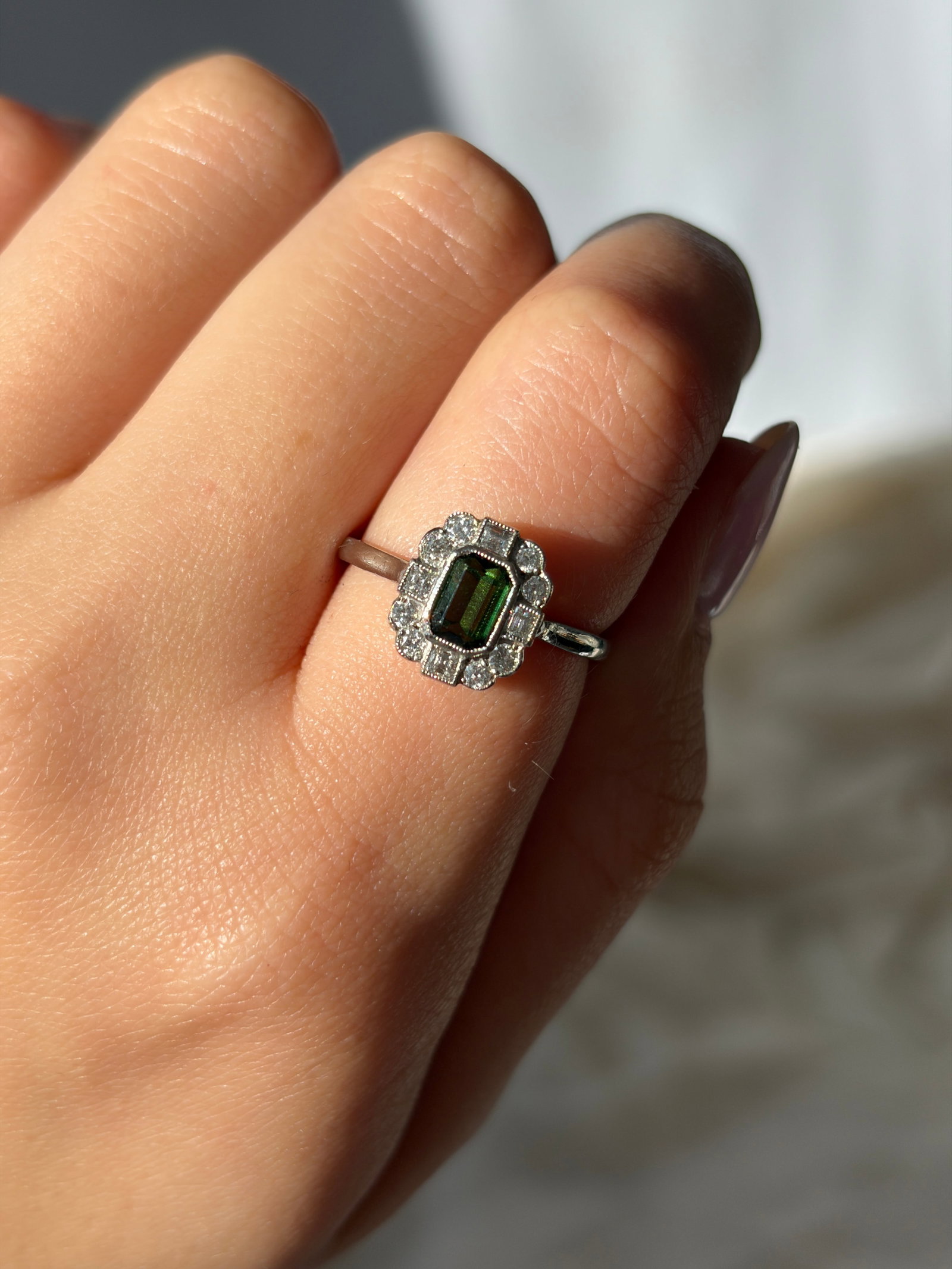 Art Deco Era Green Tourmaline and Diamond Ring In Platinum - 8