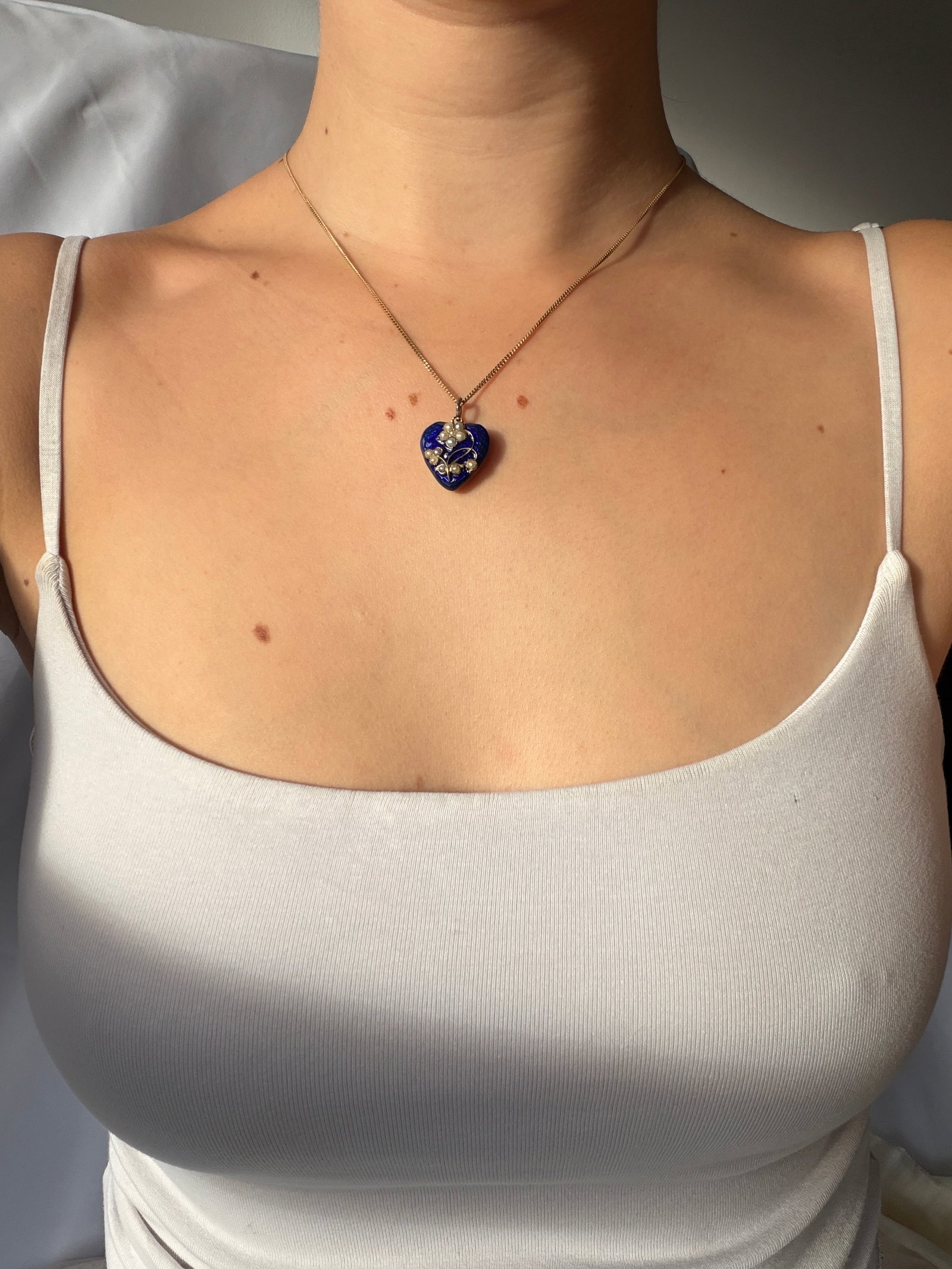 Antique Blue Enamel Pearl Forget Me Not Heart Locket Back Pendant in Gold - 7