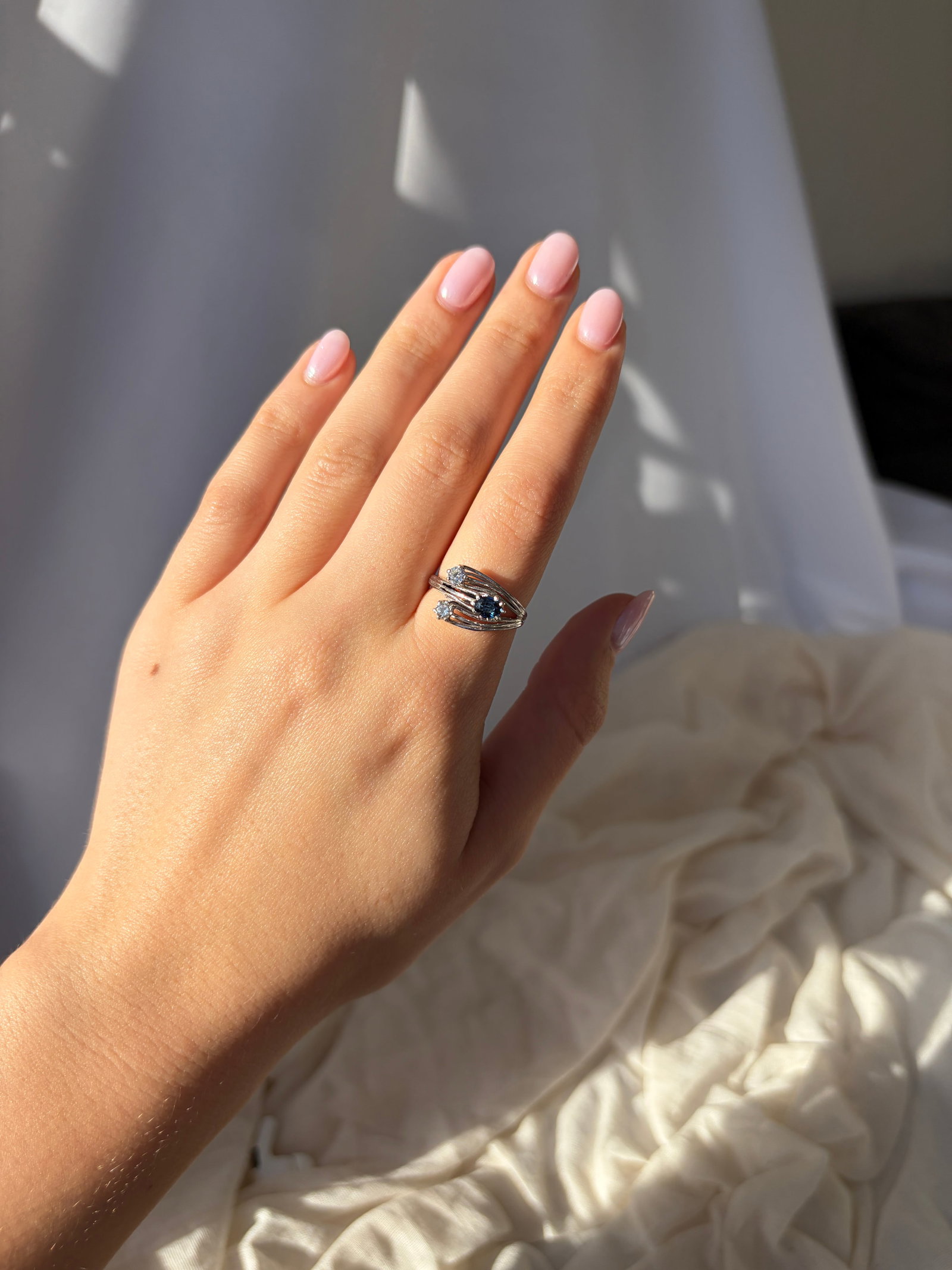 White Gold Sapphire and Diamond Unusual 3 Stone Twist Ring - 8