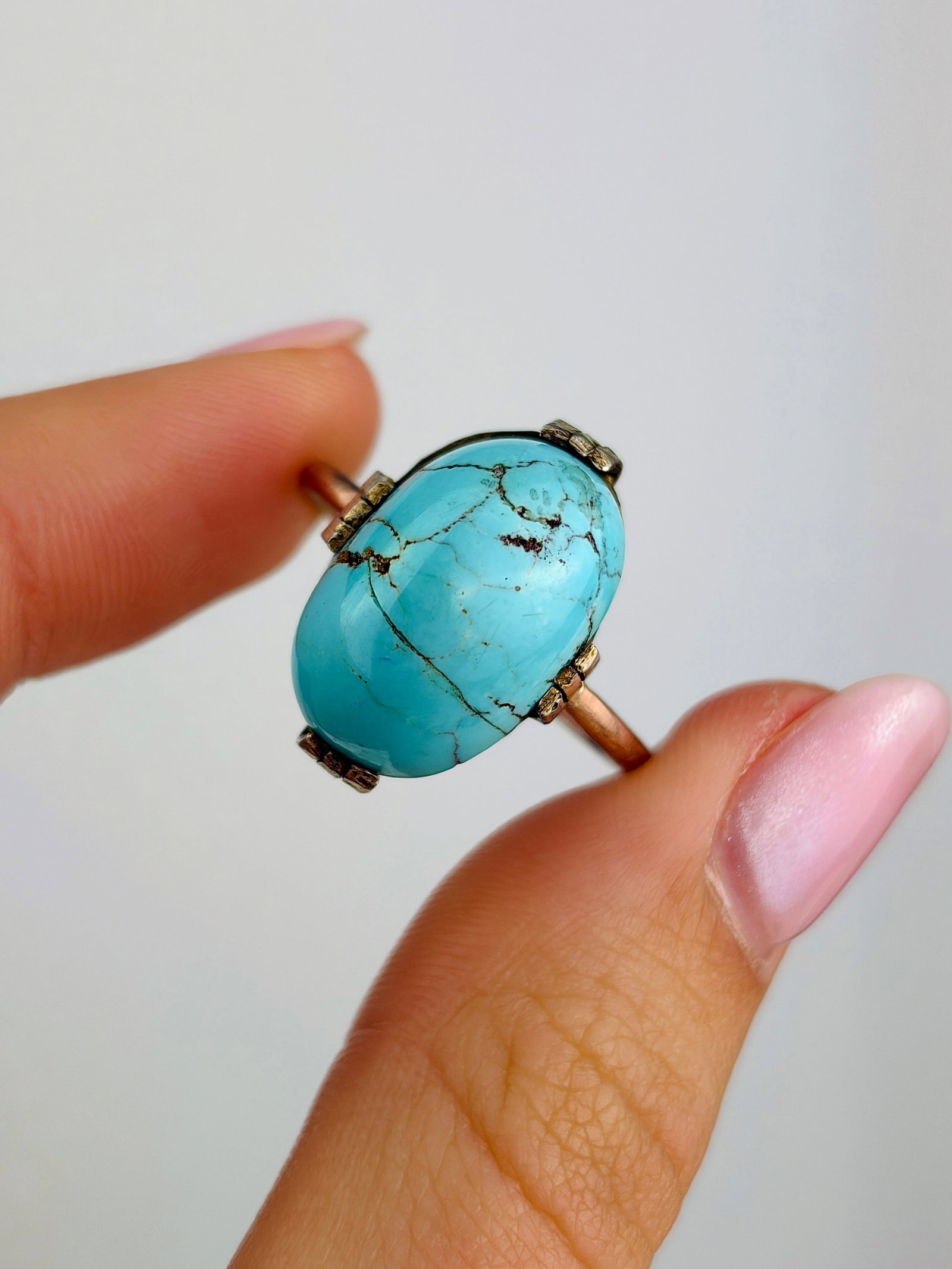 Antique gold and silver set matrix turquoise ring - 5