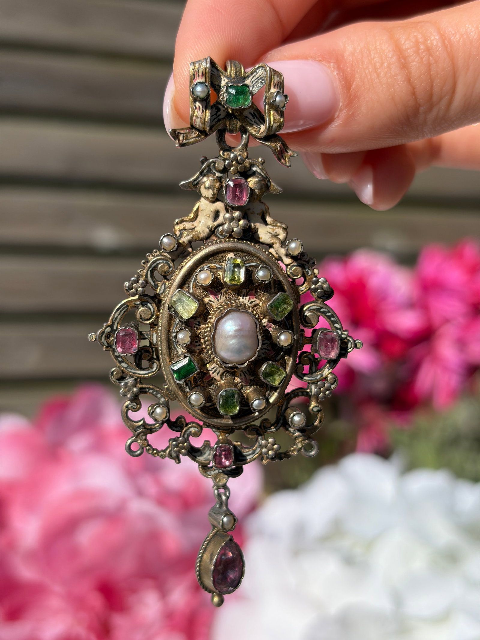 ANTIQUE RARE AUSTRO HUNGARIAN ENAMEL, PEARL, PINK AND GREEN SPINEL LARGE PENDANT WITH LOCKET - 2