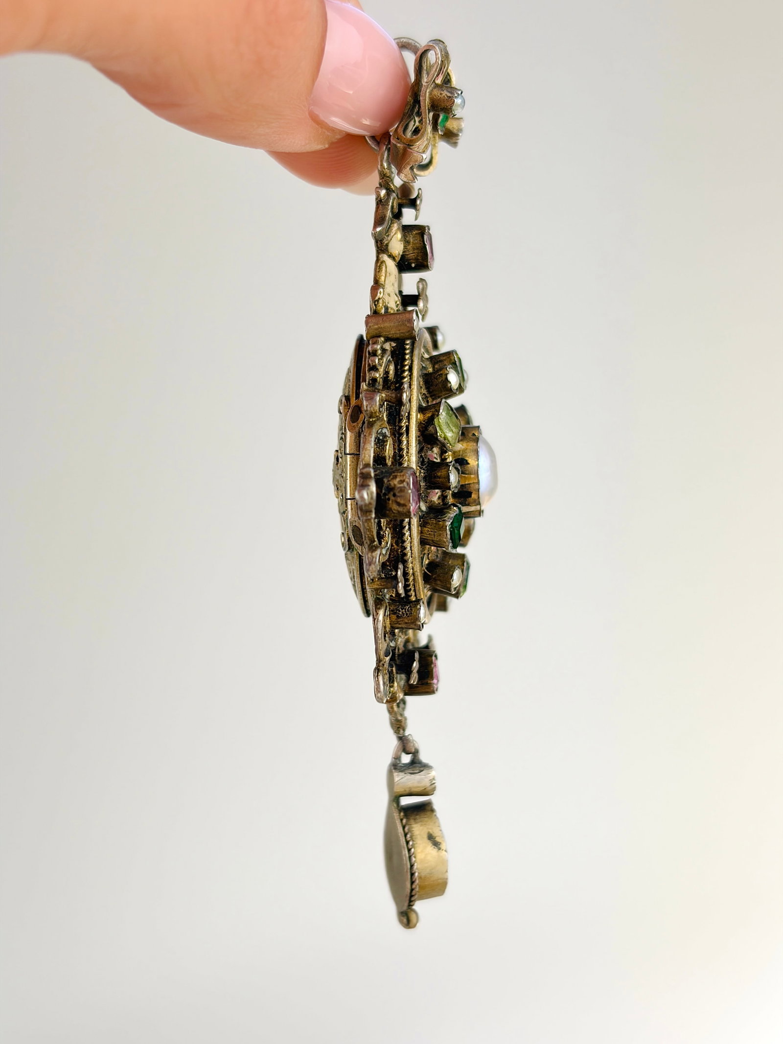ANTIQUE RARE AUSTRO HUNGARIAN ENAMEL, PEARL, PINK AND GREEN SPINEL LARGE PENDANT WITH LOCKET - 8