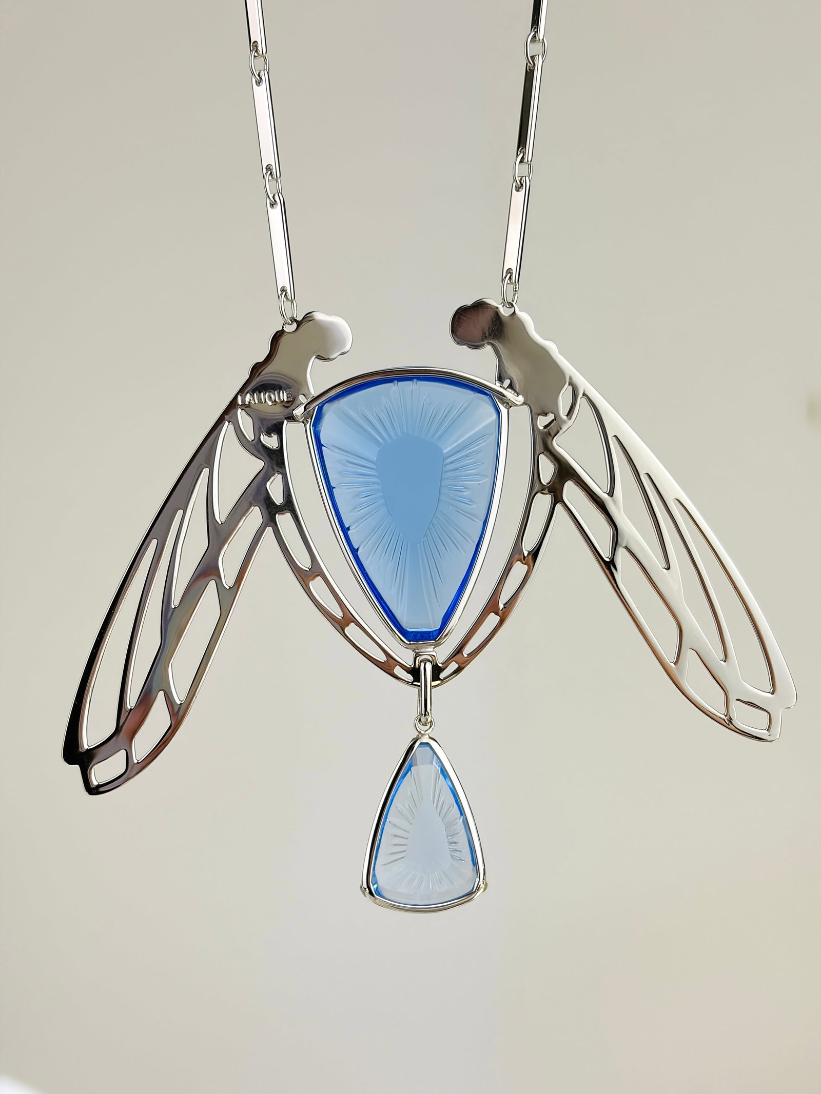 LALIQUE STERLING SILVER BLUE CRYSTAL DRAGONFLY NECKLACE - 4
