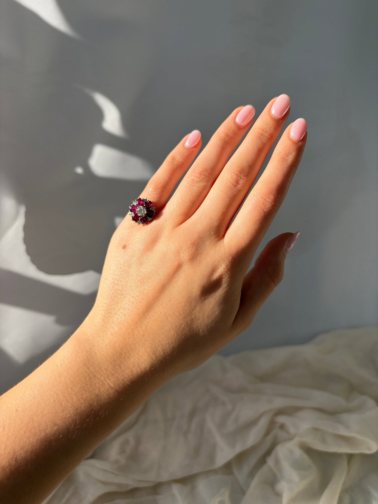 chunky 18ct yellow gold ruby and diamond cluster / flower ring - 10