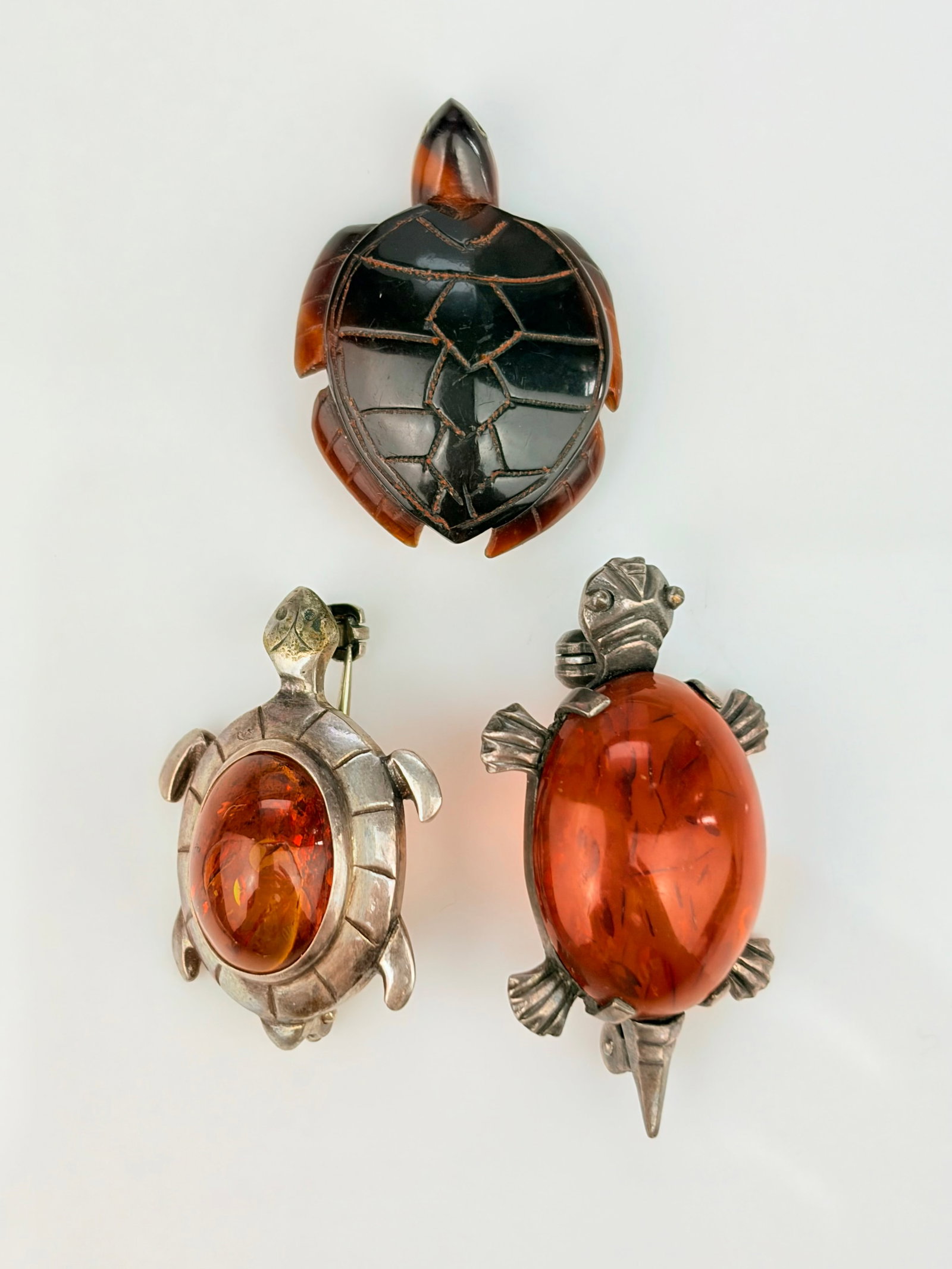 3X SILVER AGATE CARVED TURTLE BROOCH (1 of 5)