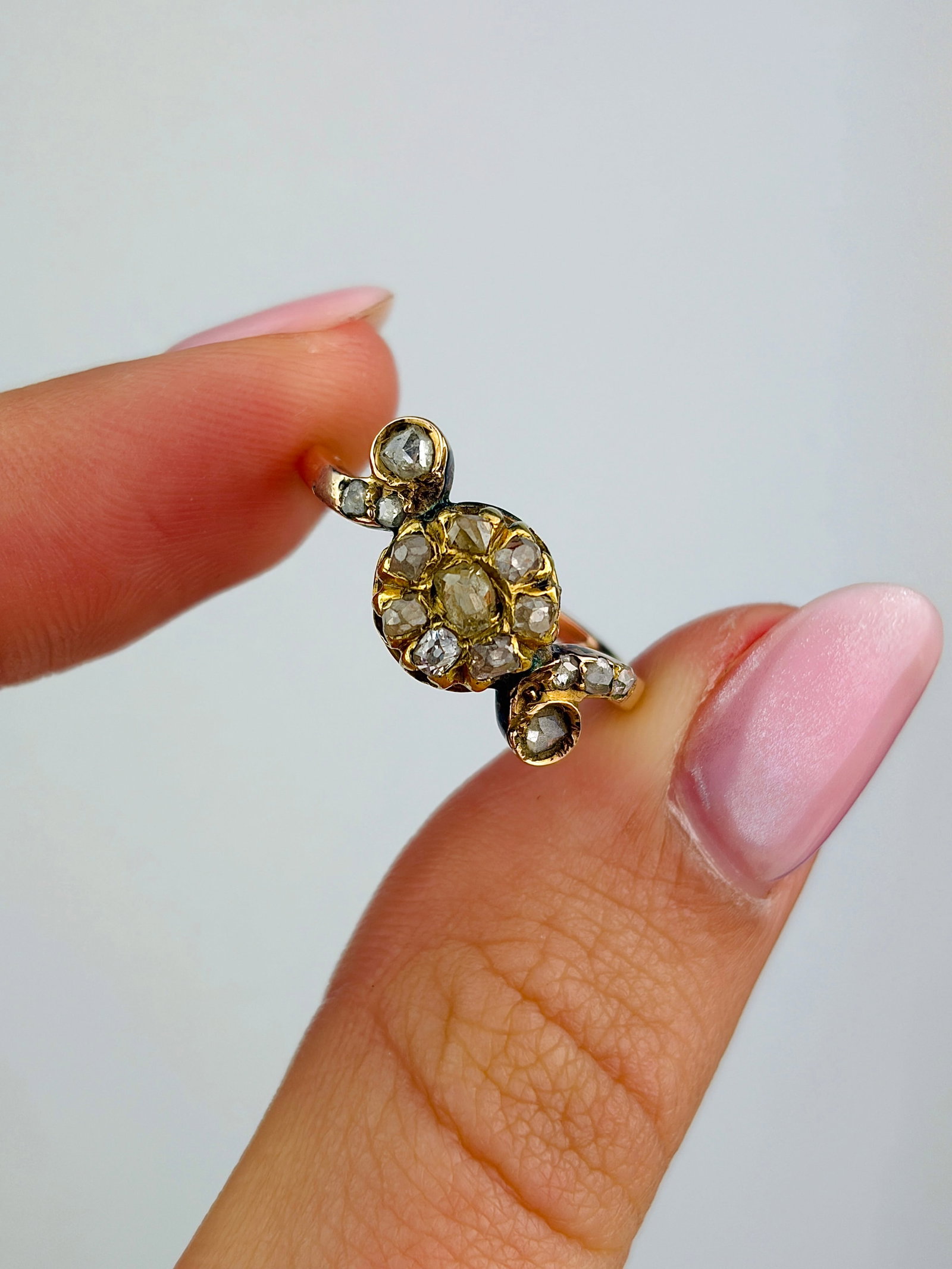 Antique 18ct Yellow Gold Rose Cut Diamond Unusual Ring - 5
