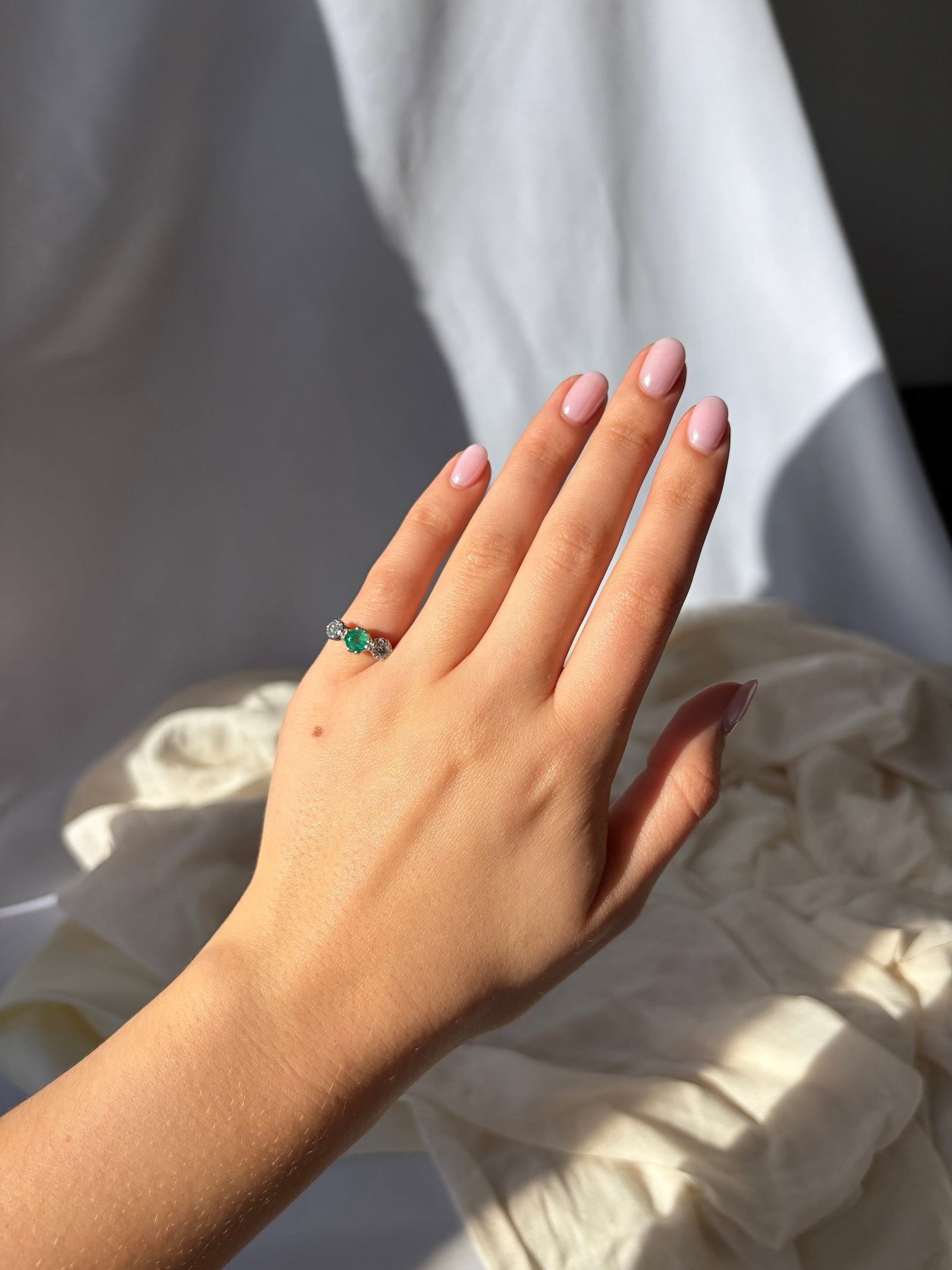 Edwardian Emerald and Diamond 18 Carat Gold and Platinum Three-Stone Ring - 10