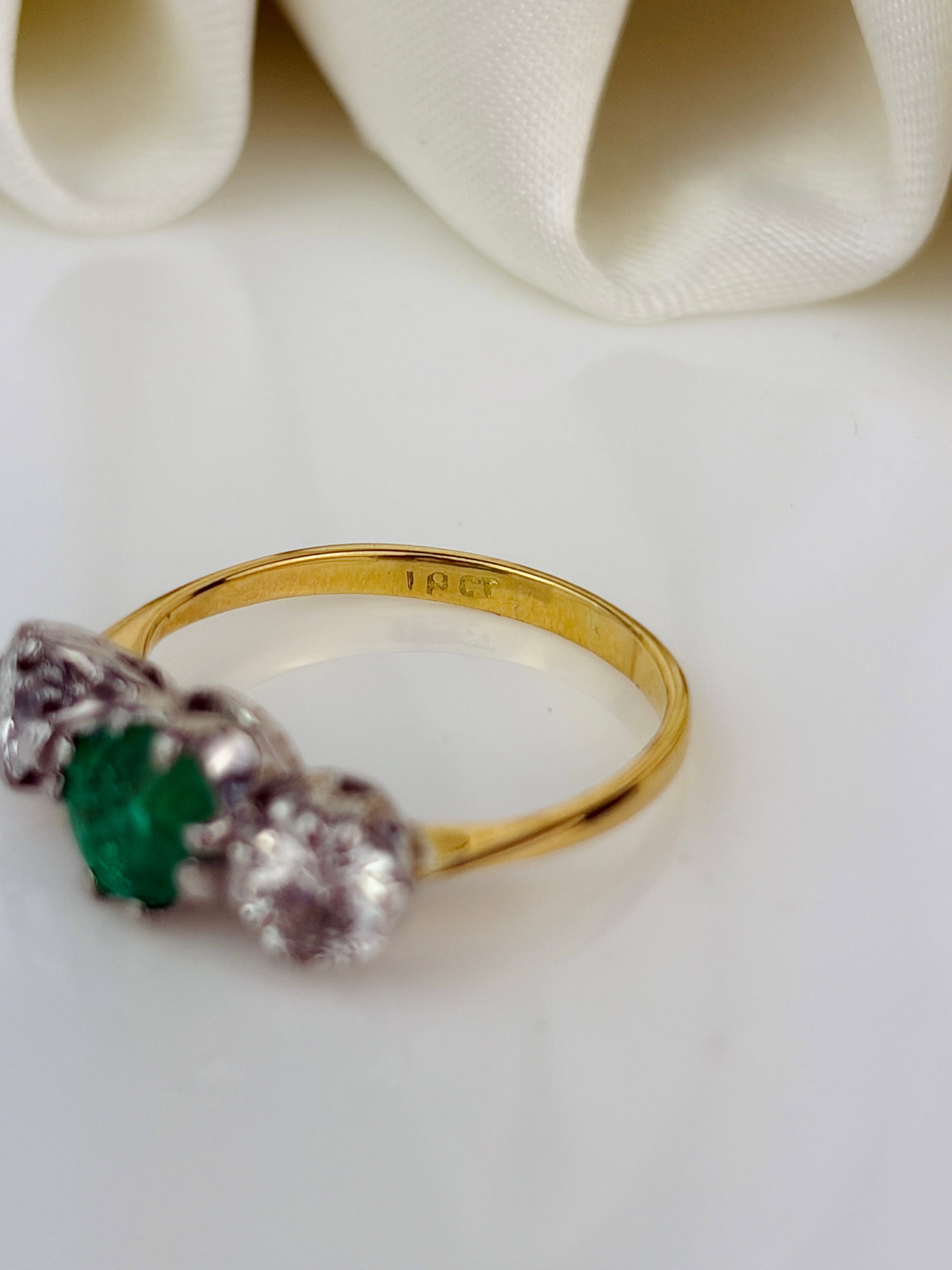 Edwardian Emerald and Diamond 18 Carat Gold and Platinum Three-Stone Ring - 4
