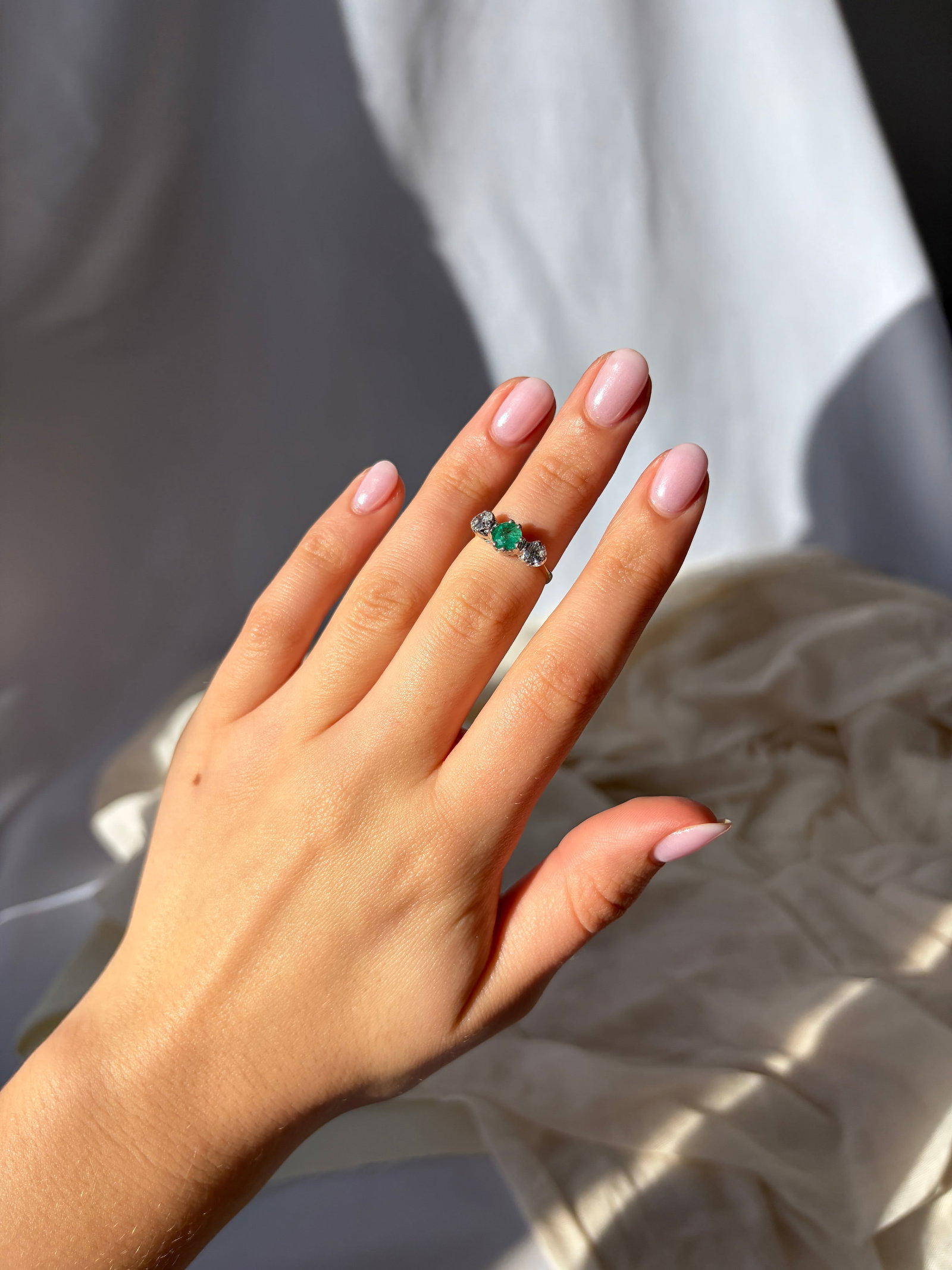 Edwardian Emerald and Diamond 18 Carat Gold and Platinum Three-Stone Ring - 8