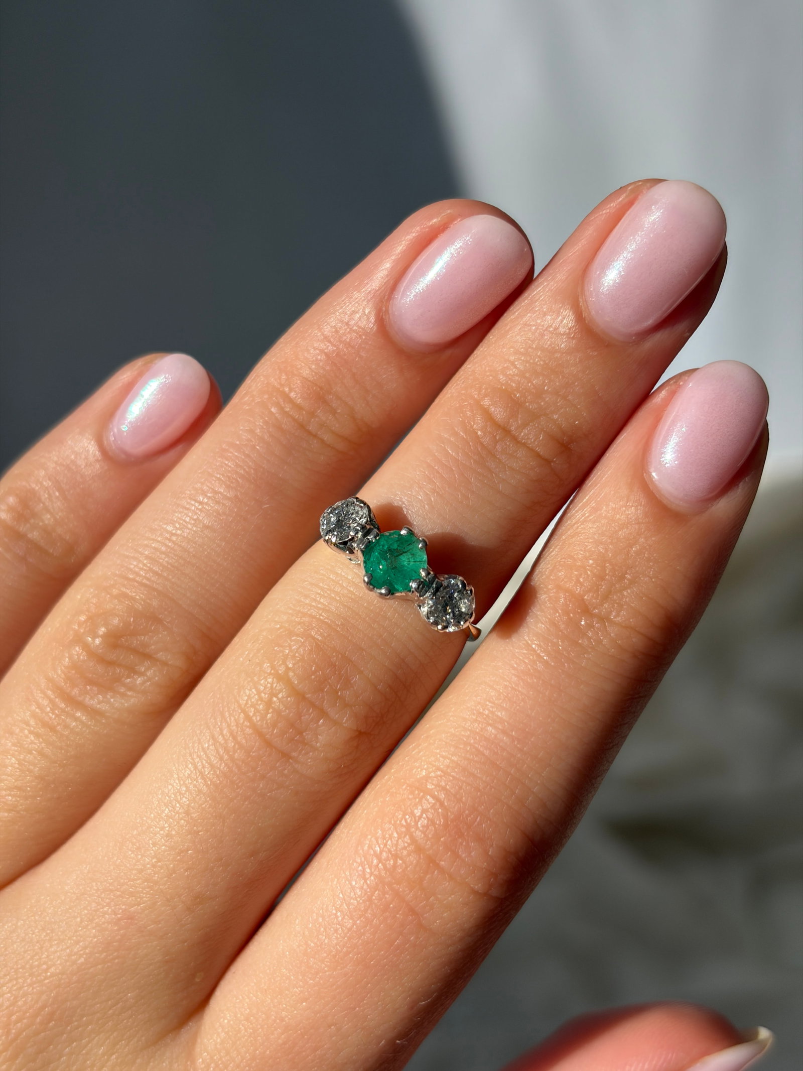 Edwardian Emerald and Diamond 18 Carat Gold and Platinum Three-Stone Ring - 9