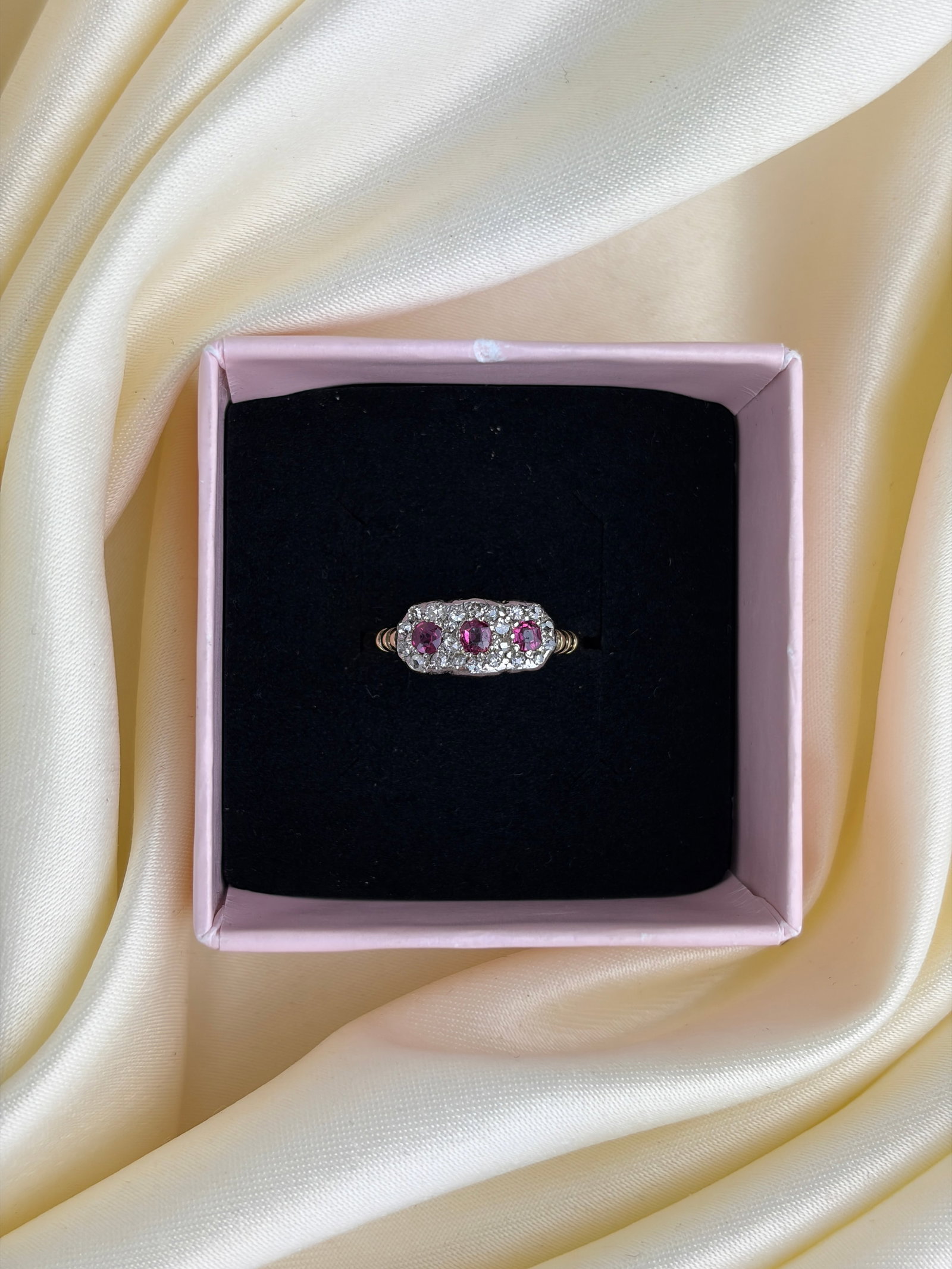 Antique 18ct Yellow Gold Ruby and Diamond Triple Flower Cluster Ring - 7