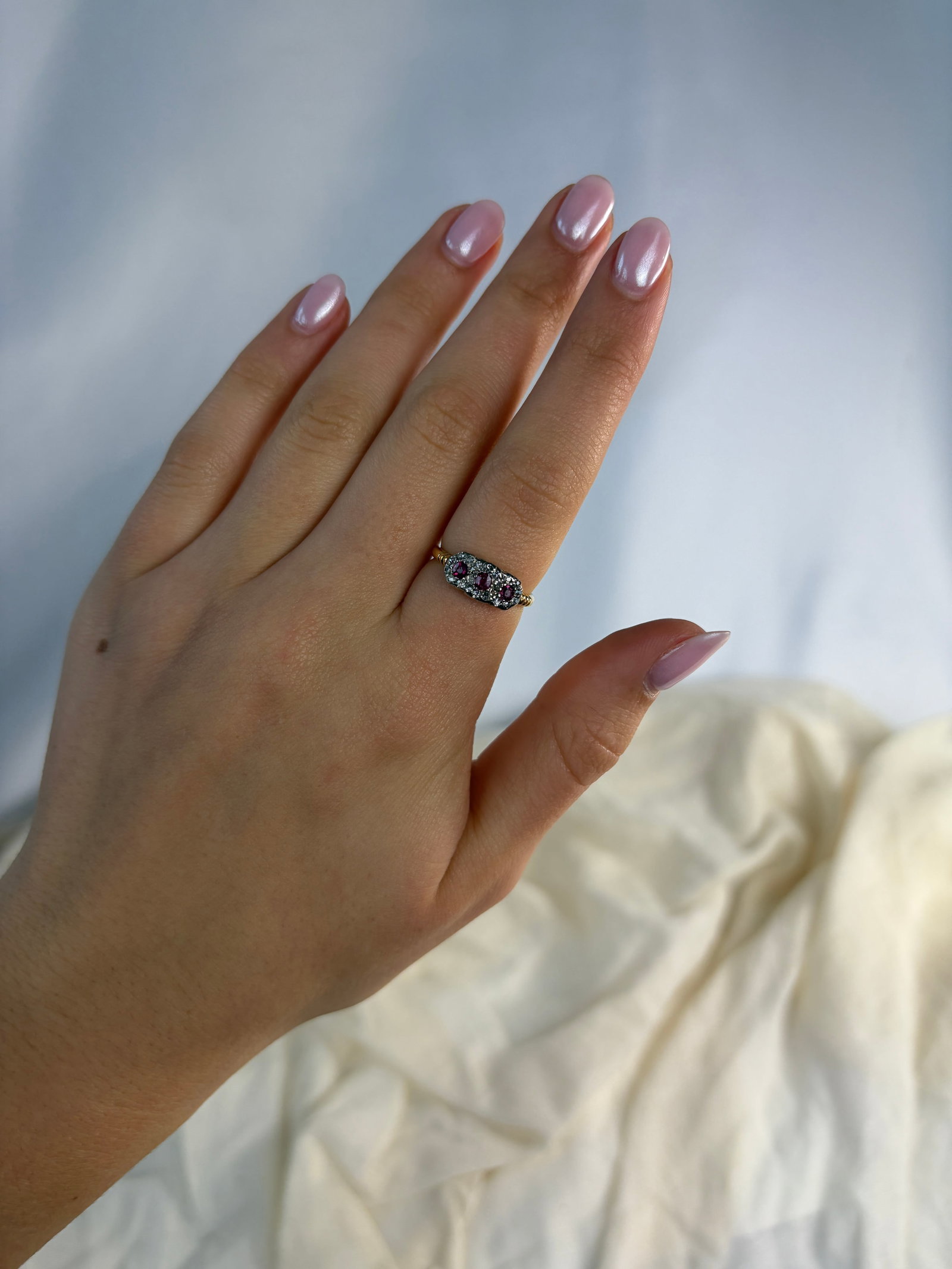 Antique 18ct Yellow Gold Ruby and Diamond Triple Flower Cluster Ring - 8