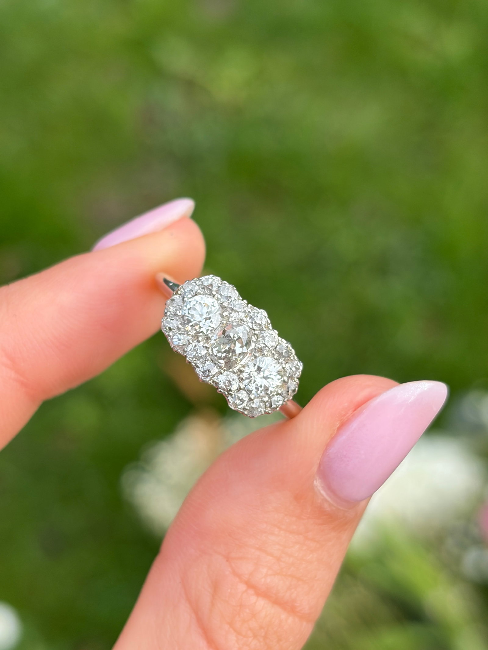 Art Deco 18 Carat White Gold Triple Cluster 1.90ct Diamond Ring - 10