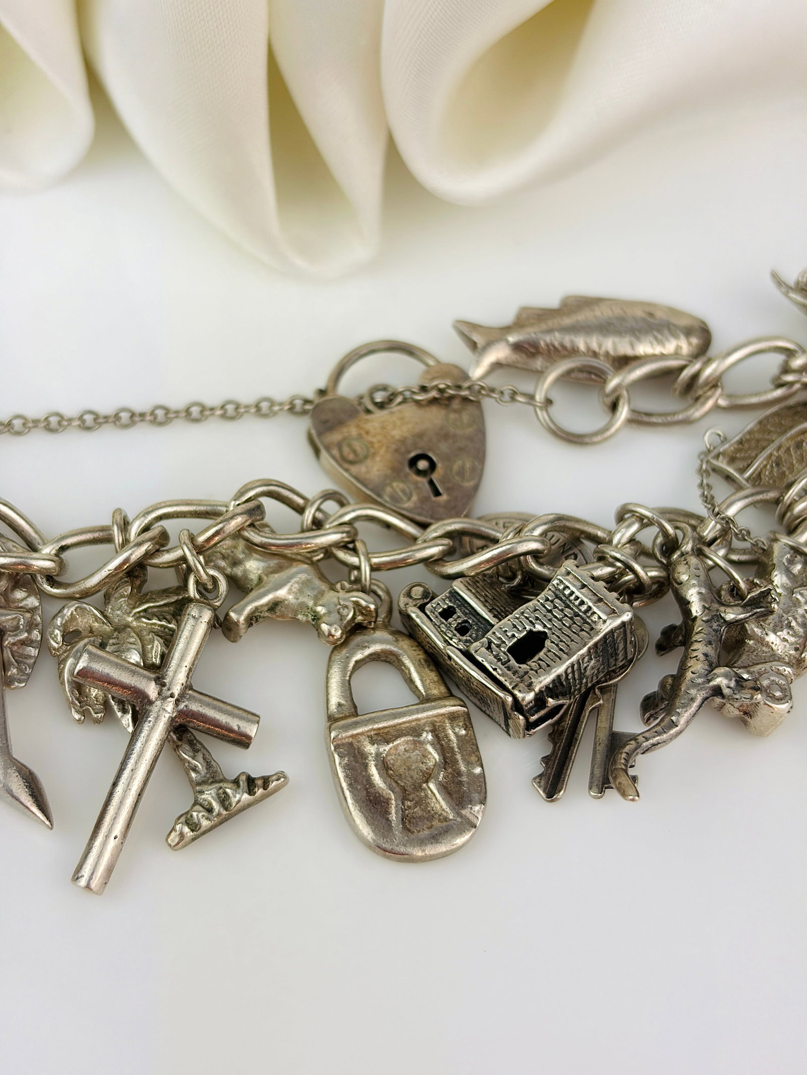 Vintage Heavy Full Sterling Silver Charm Bracelet - Rare Opening Charm - 5
