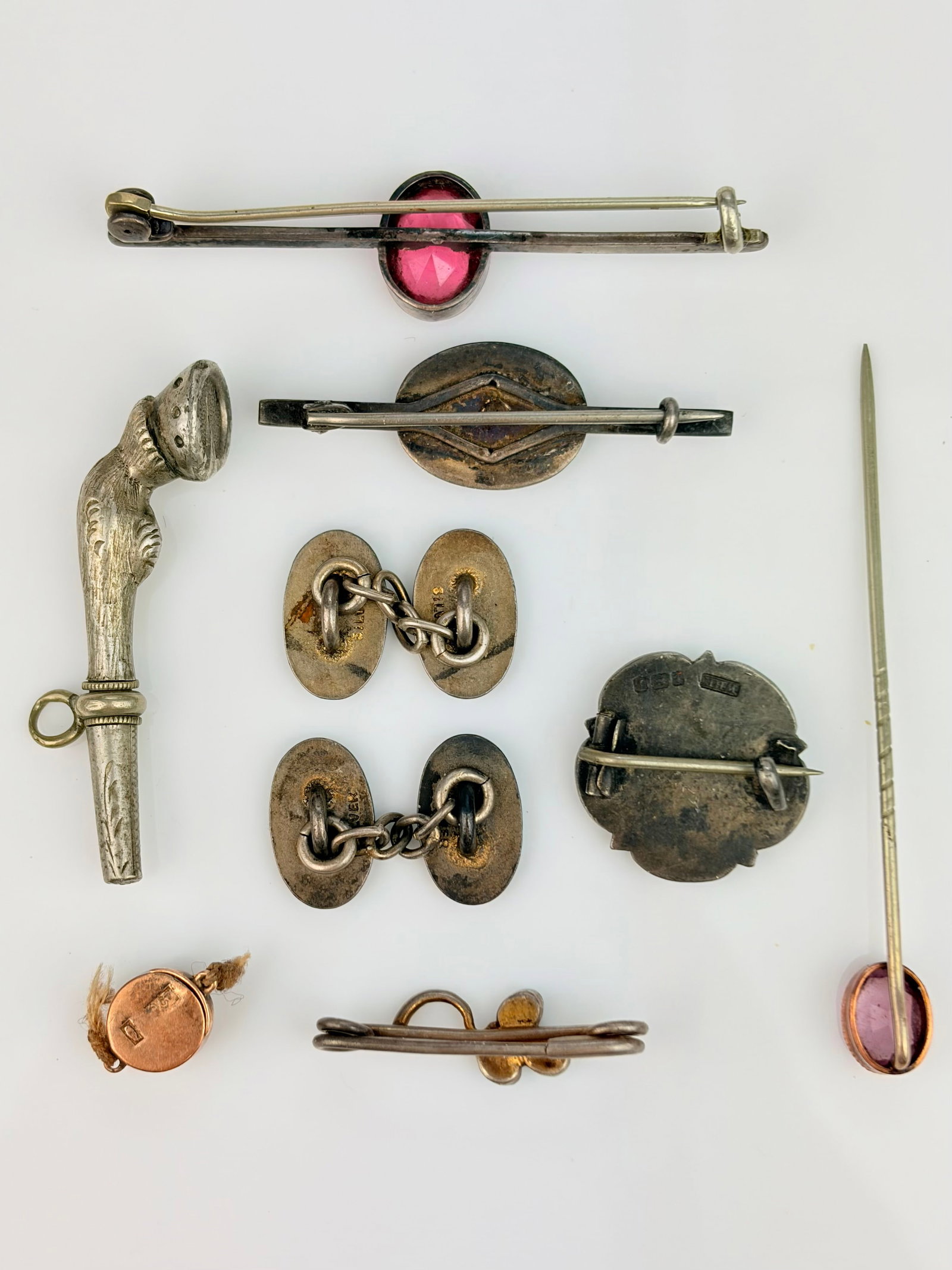 MIXED LOT - SILVER BROOCHES, CUFF LINKS STICK PIN ETC - 6