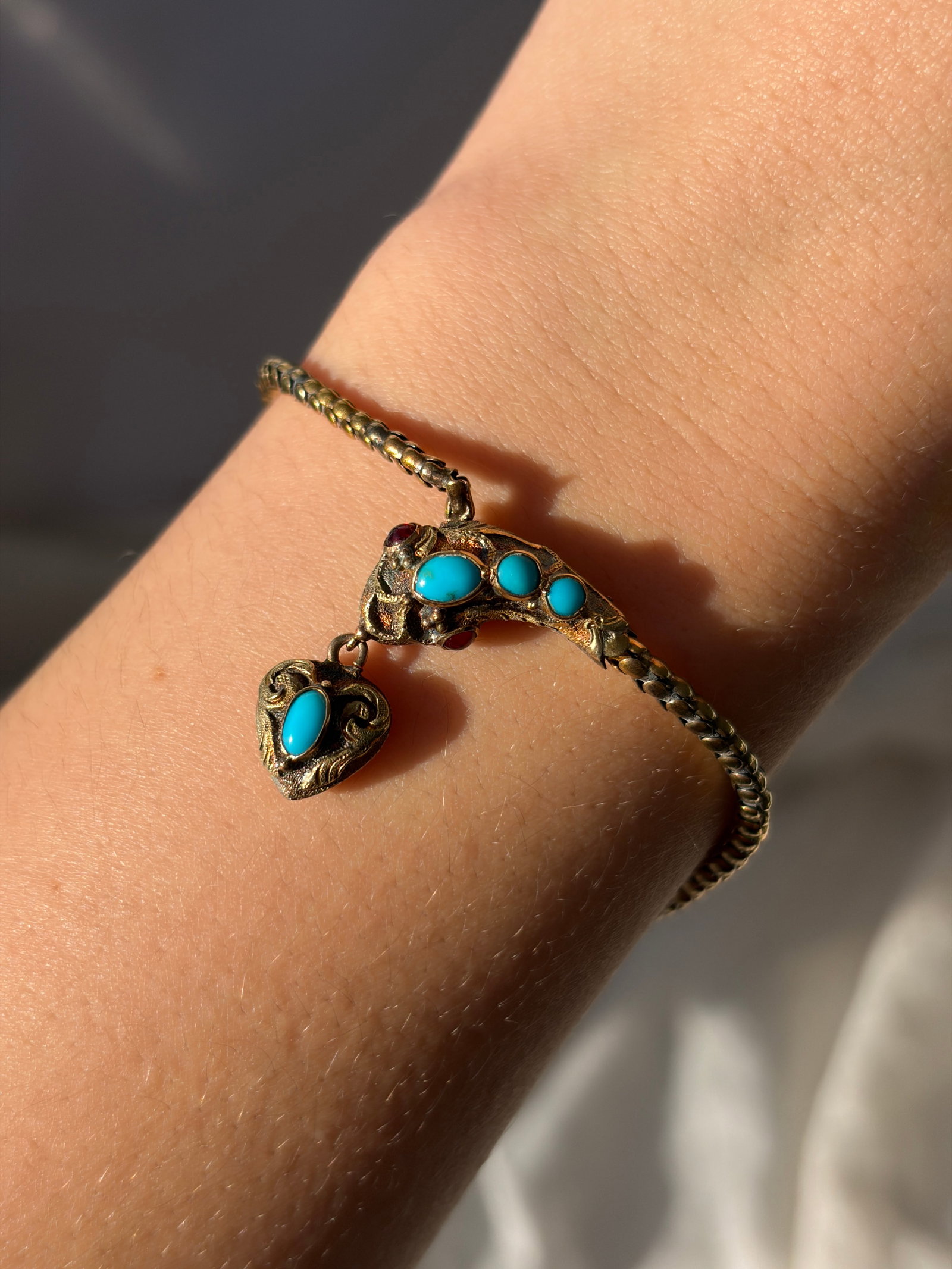 Antique Yellow Gold Turquoise Snake Bracelet in Fitted Box - 10