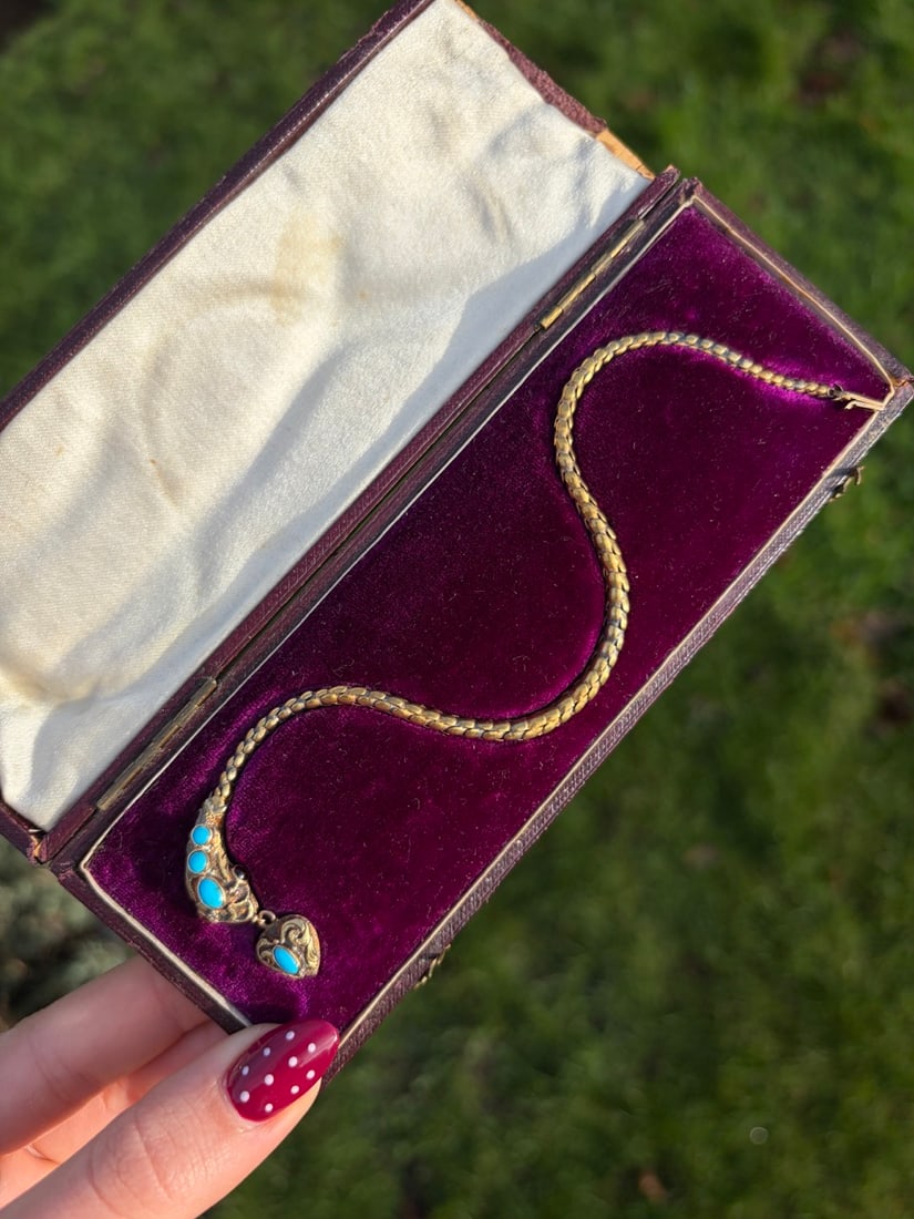 Antique Yellow Gold Turquoise Snake Bracelet in Fitted Box - 12