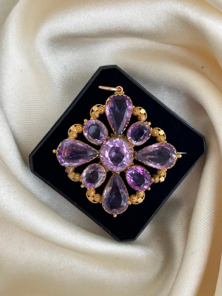 Late Georgian 15ct Yellow Gold Amethyst Pendant Brooch - 2