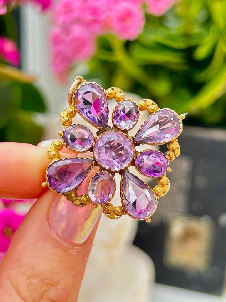 Late Georgian 15ct Yellow Gold Amethyst Pendant Brooch - 7
