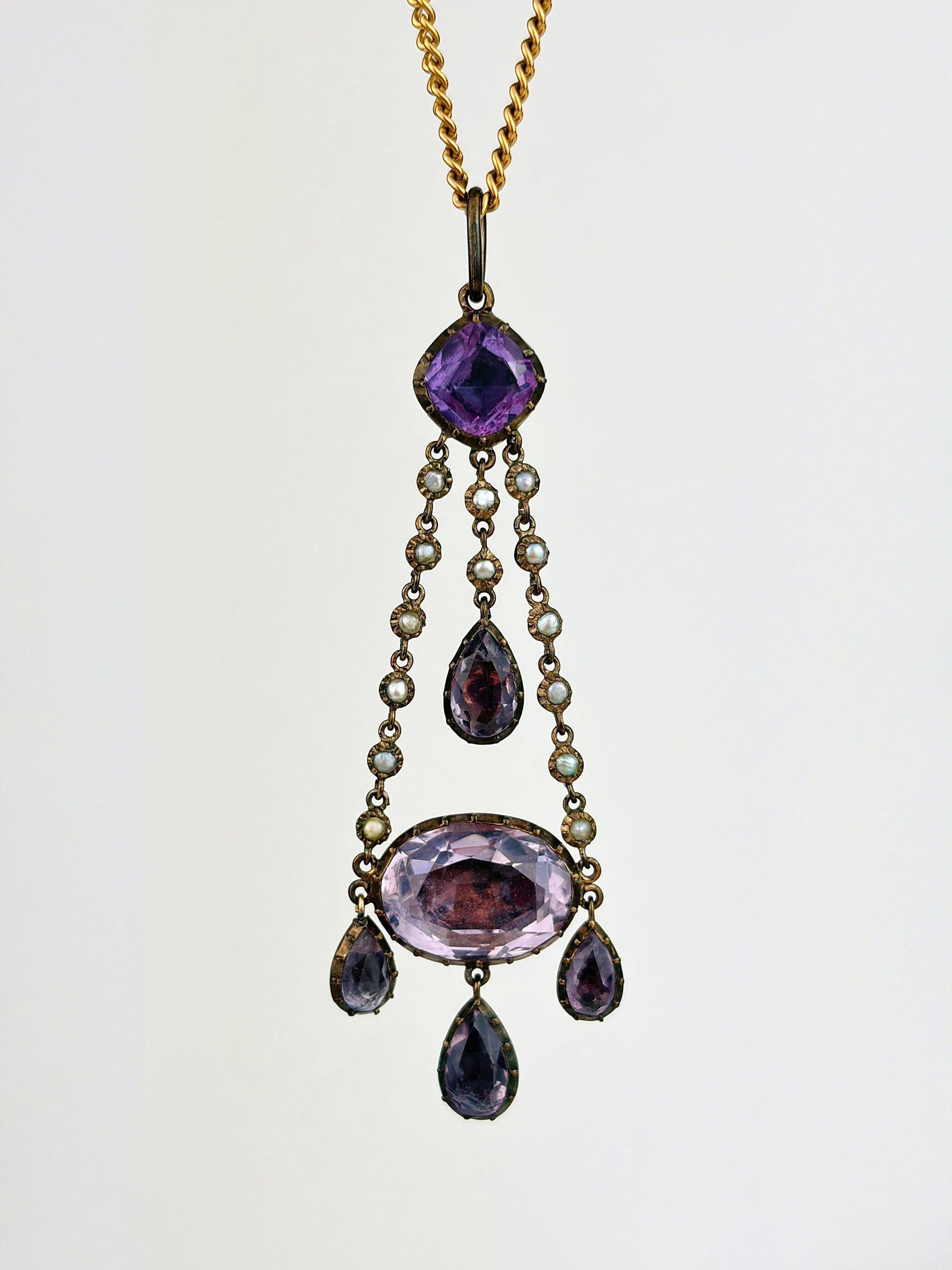 GEORGIAN ERA FOILED AMETHYST AND PEARL PENDANT ON 18CT GOLD CHAIN (1 of 9)