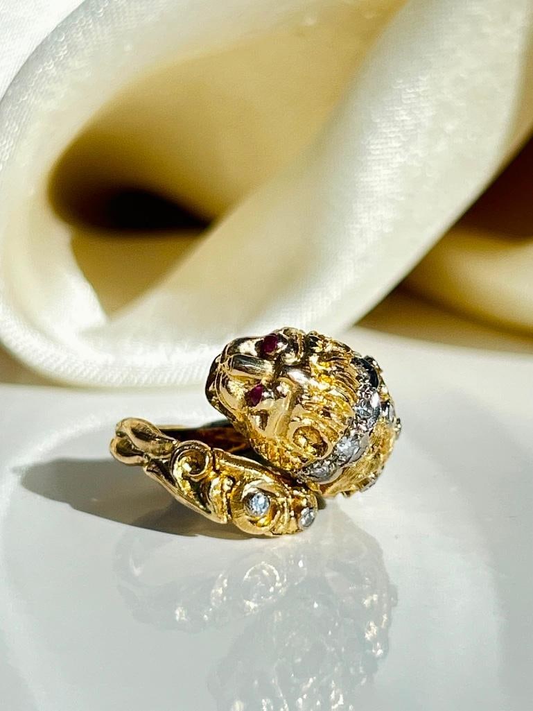 Unusual Heavy 18ct Yellow Gold Diamond and Ruby “Zolotas” Lion Ring (1 of 13)