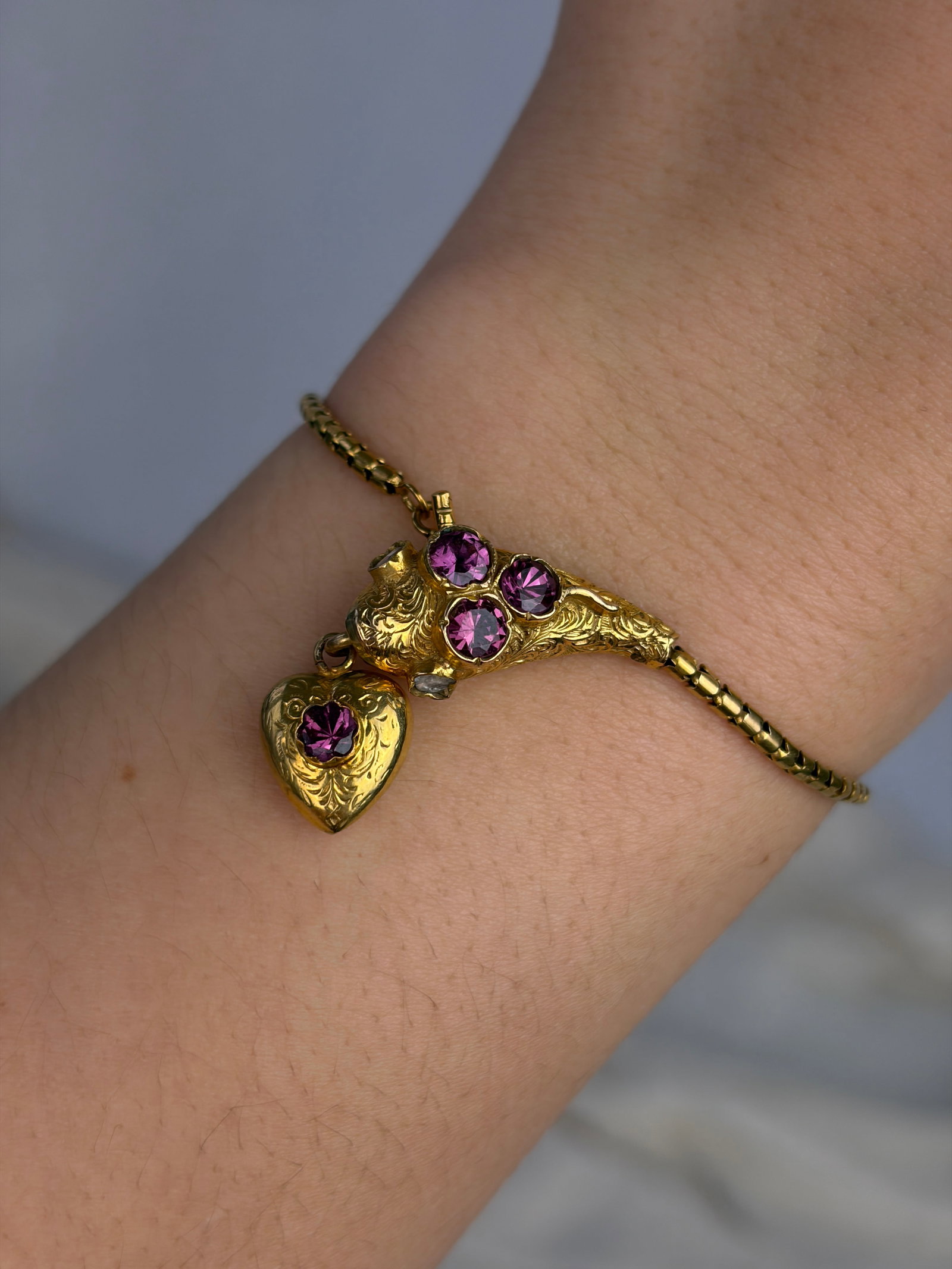 ANTIQUE 18CT YELLOW GOLD PINK TOURMALINE AND DIAMOND SNAKE BRACELET IN FITTED BOX - 7