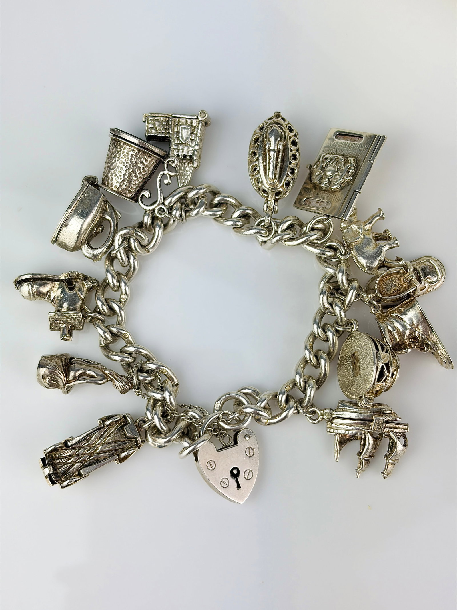 HEAVY STERLING SILVER OPENING CHARMS - FULL BRACELET - SOME RARE DESIGNS (1 of 11)