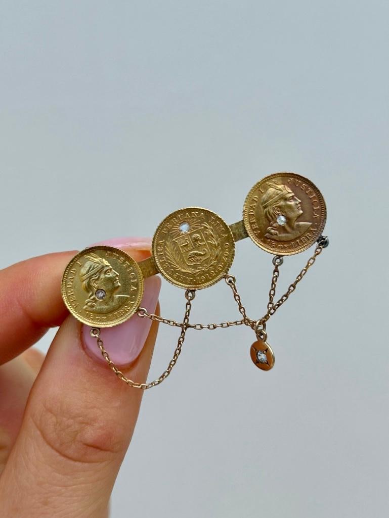 22ct gold 3 x 1/5 De Libra 1912 Republica Peruana Lima Brooch with Diamonds (1 of 5)