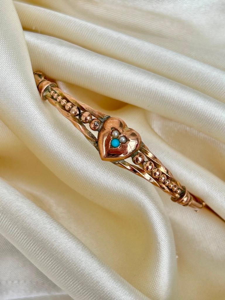 Antique Gold Turquoise and Pearl Heart Bangle Bracelet (1 of 5)