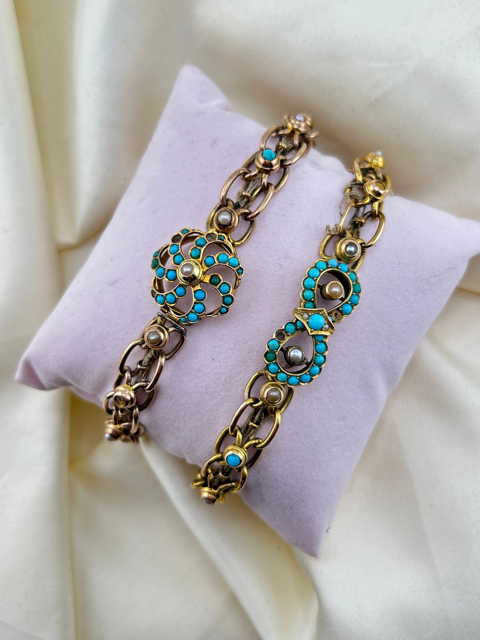 Pair of Antique 9ct gold turquoise and pearl fancy link bracelets AF (1 of 3)