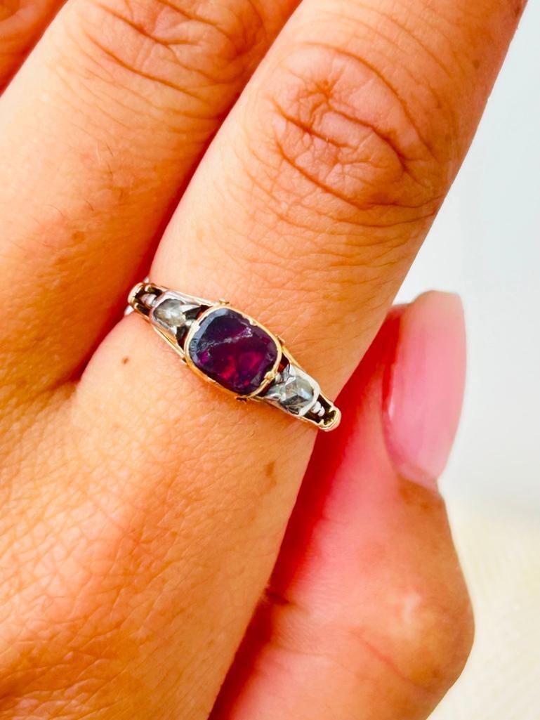 Georgian Era Flat Cut Garnet and Diamond Yellow Gold Ring - 2