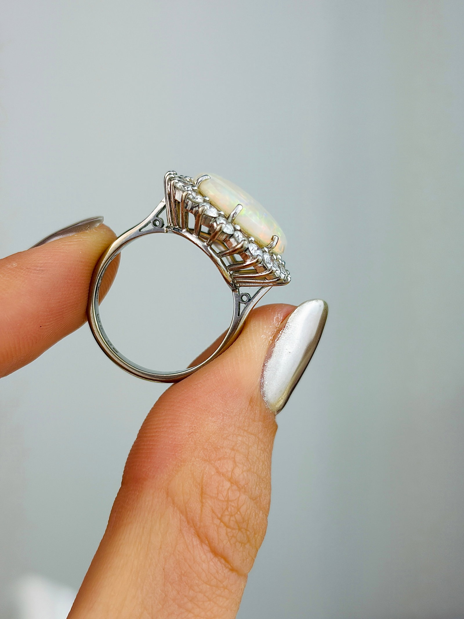 Vintage C.1979 18ct White Gold Opal and Diamond Halo Ring - 6