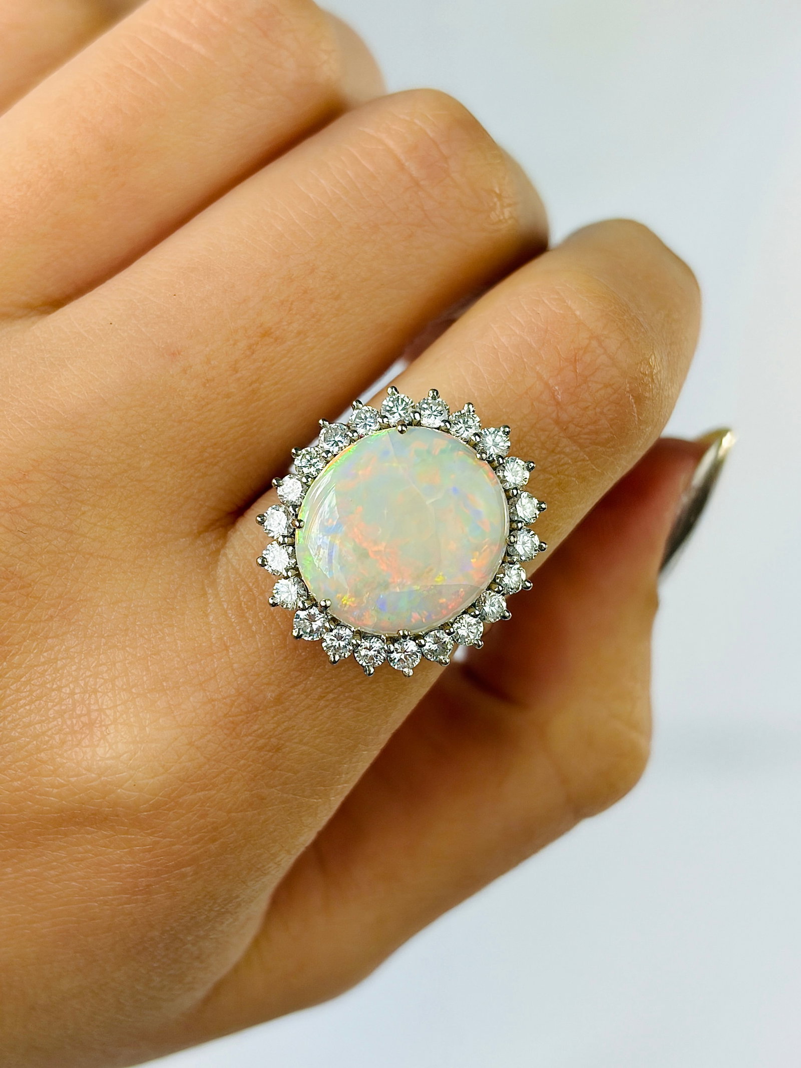Vintage C.1979 18ct White Gold Opal and Diamond Halo Ring - 8
