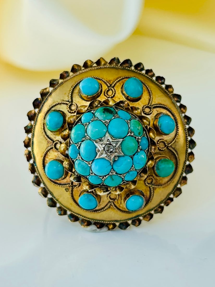 Antique 15ct Gold Turquoise and Diamond Brooch: Antique 15ct Gold Turquoise and Diamond Brooch Weight: 14.03g Size: 34x34mm, depth 16mm Materials: 15ct gold Hallmarks: Stamped 15ct Condition: The overall condition is very good Office use: QSZ