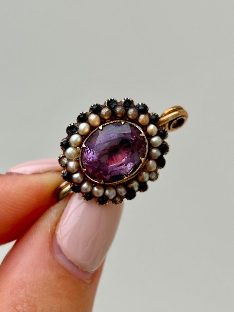 Georgian Era Gold Jet Pearl and Amethyst Brooch (1 of 4)