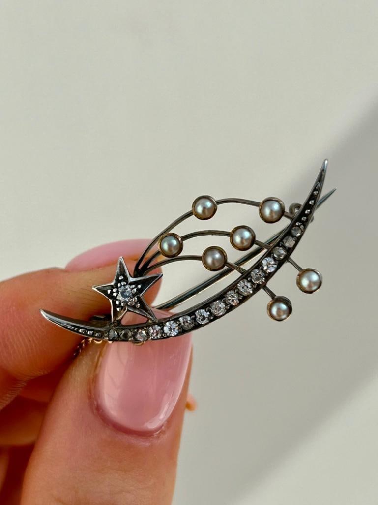 Antique Diamond & Pearl Crescent Shooting Star Lucky Brooch (1 of 4)