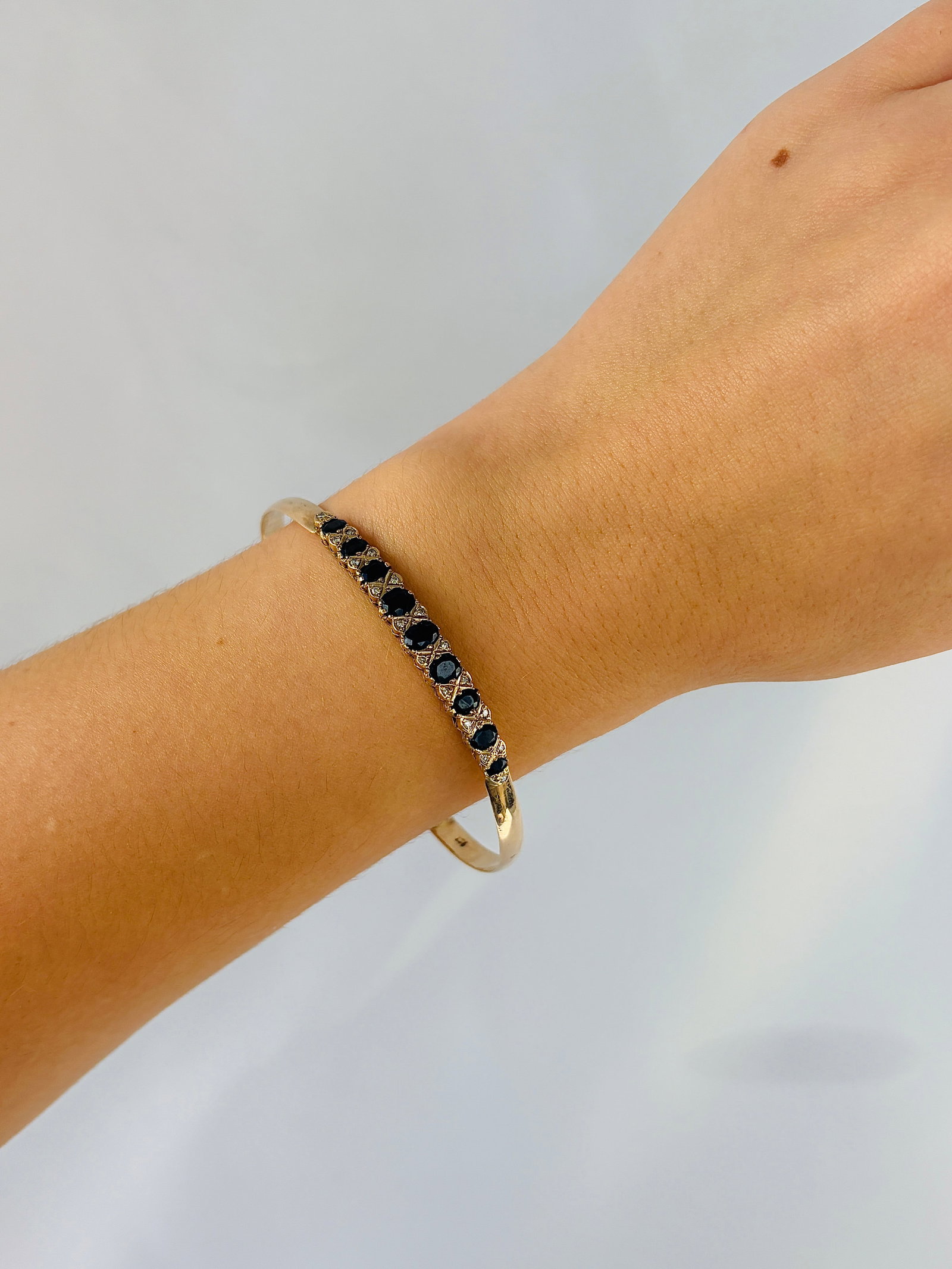 Vintage 9ct Gold Boxed Sapphire and Diamond Bangle Bracelet - 7