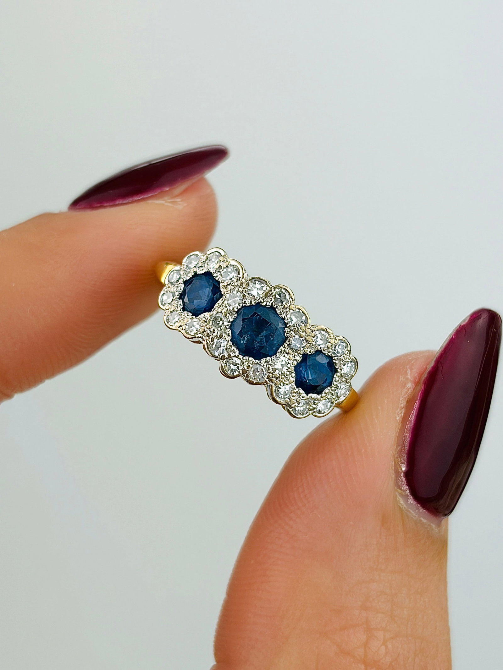 Vintage C.1997 Sapphire and Diamond Triple Cluster Ring in 18ct Yellow Gold - 5