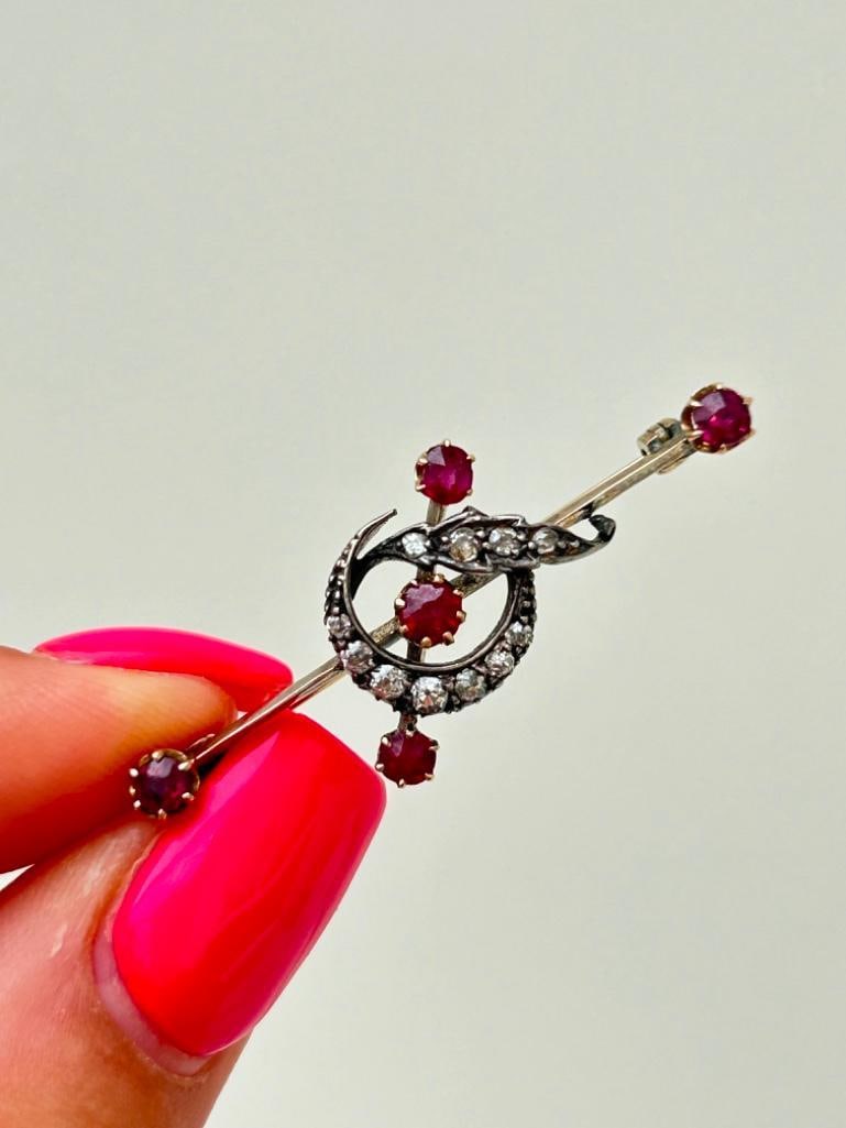 Antique Ruby and Diamond Gold Crescent Bar Brooch (1 of 4)