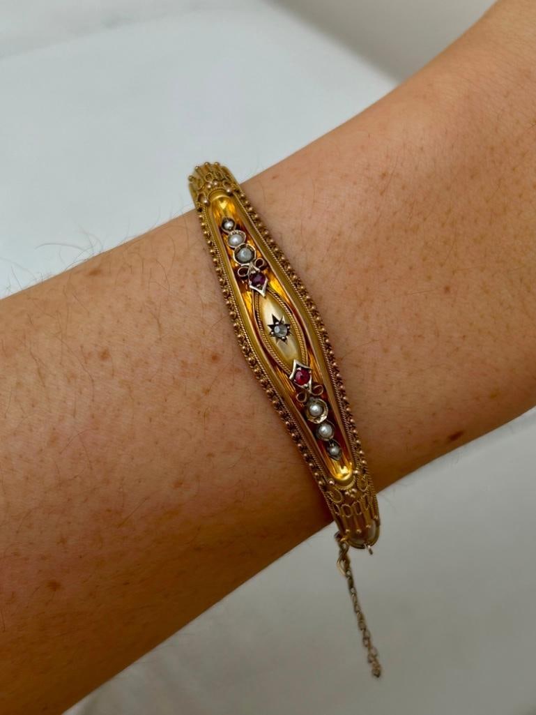 Antique Victorian Star Ruby Diamond and Pearl 9carat Bangle Bracelet - 2