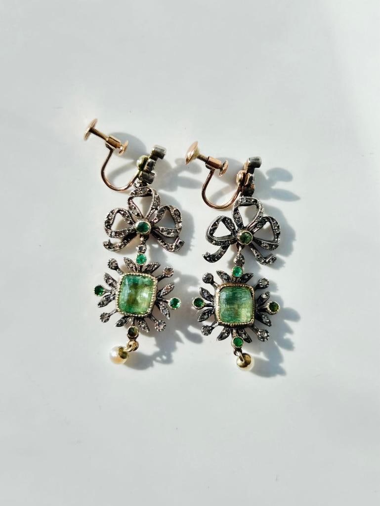 Antique Large Diamond Drop Earrings in Gold - Antique Fitted Box - 4