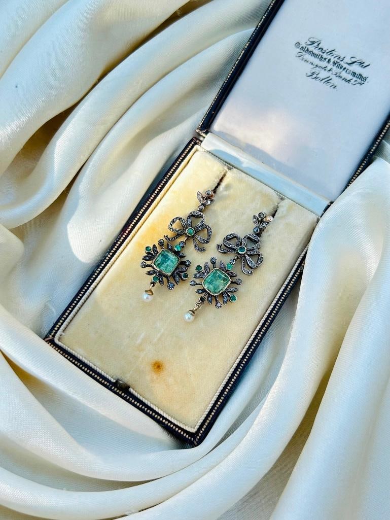 Antique Large Diamond Drop Earrings in Gold - Antique Fitted Box - 8