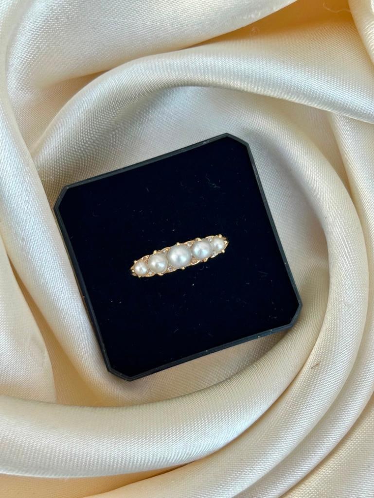 Antique 18ct Yellow Gold Pearl and Diamond 5 Stone Ring - 6