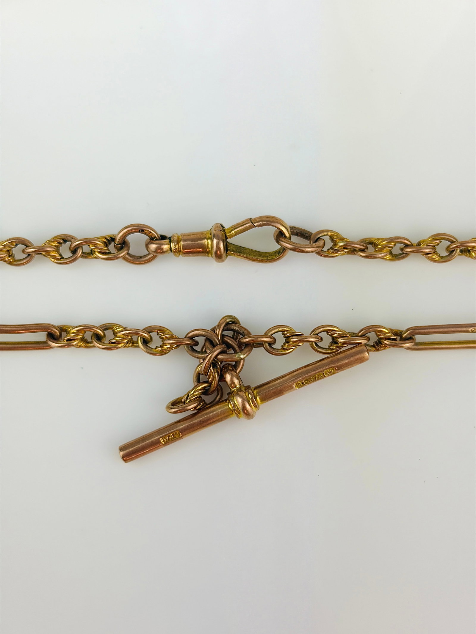Antique 9ct gold paperclip and twist link double Albert chain with bar necklace - 2