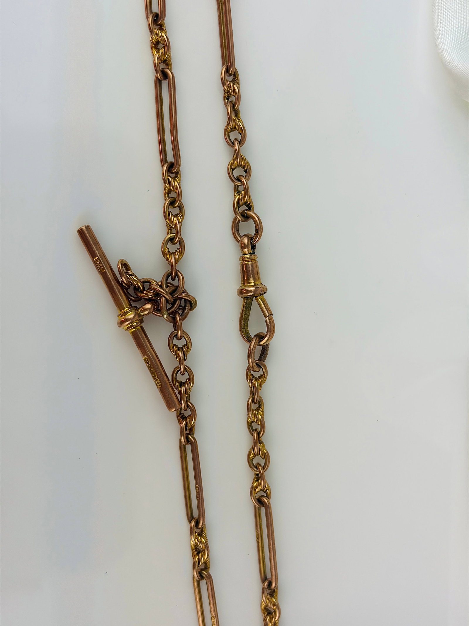 Antique 9ct gold paperclip and twist link double Albert chain with bar necklace - 3