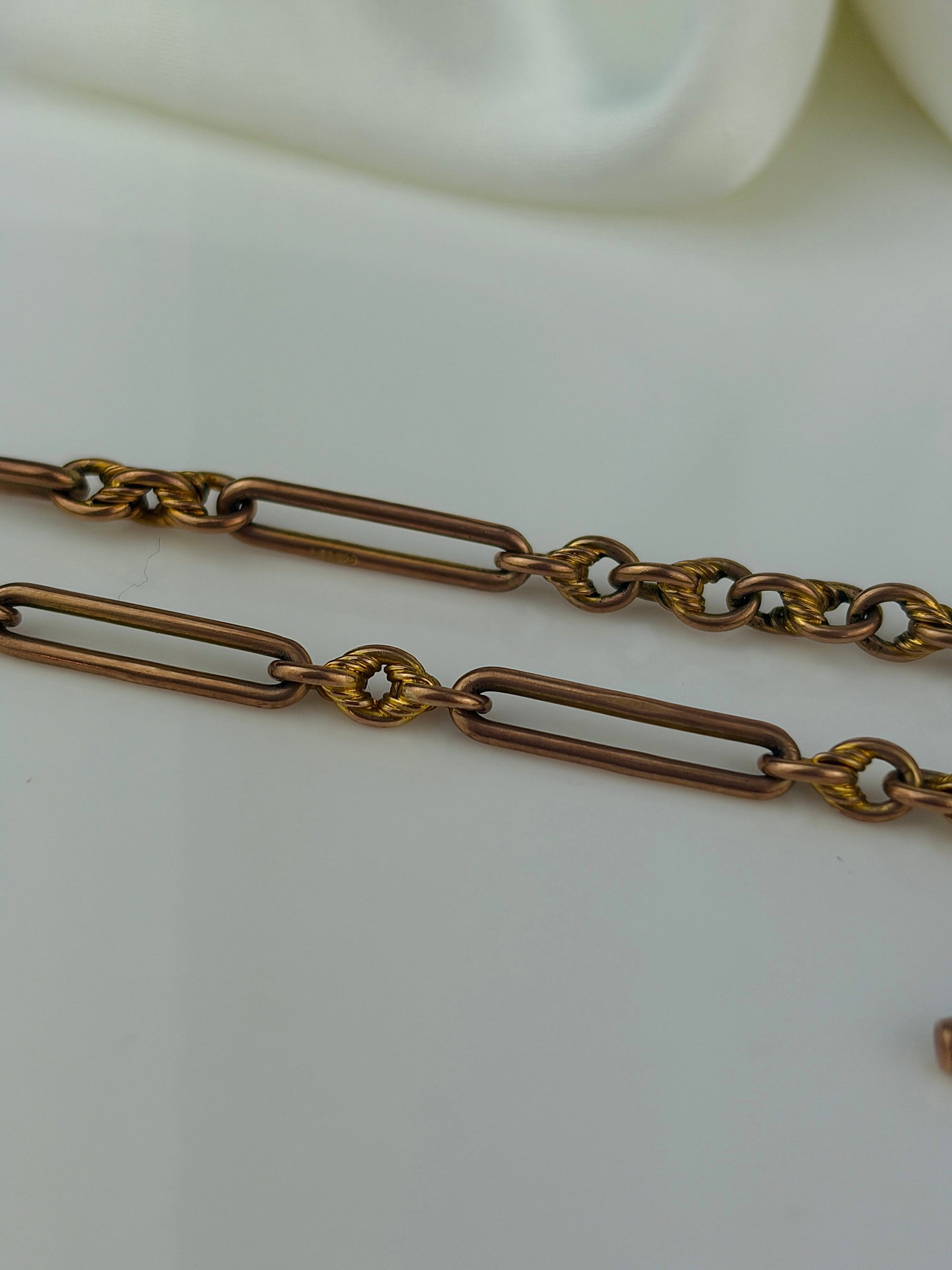 Antique 9ct gold paperclip and twist link double Albert chain with bar necklace - 4