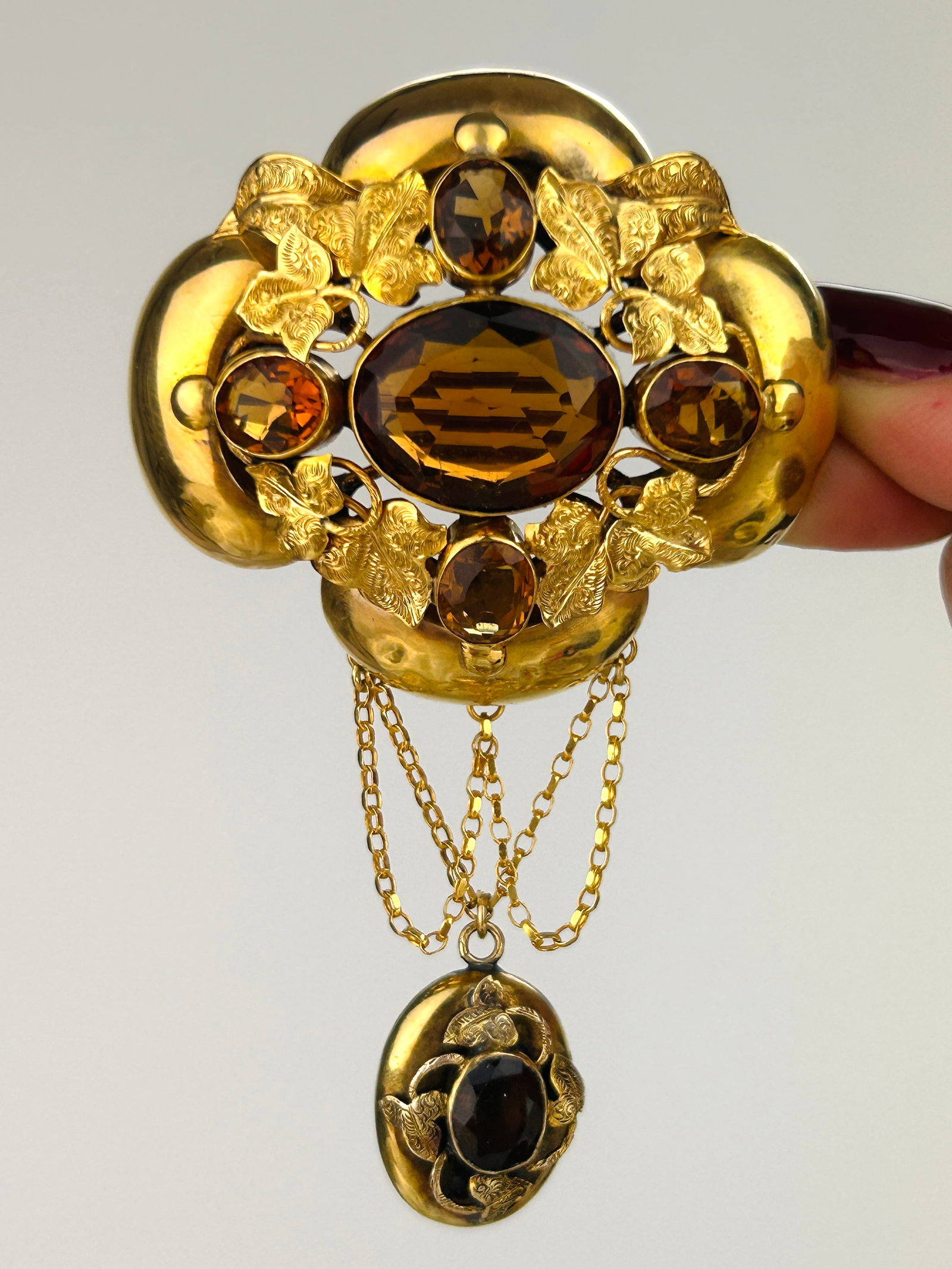 Giant Victorian Gold Citrine Drop Brooch with Locket Back - 2